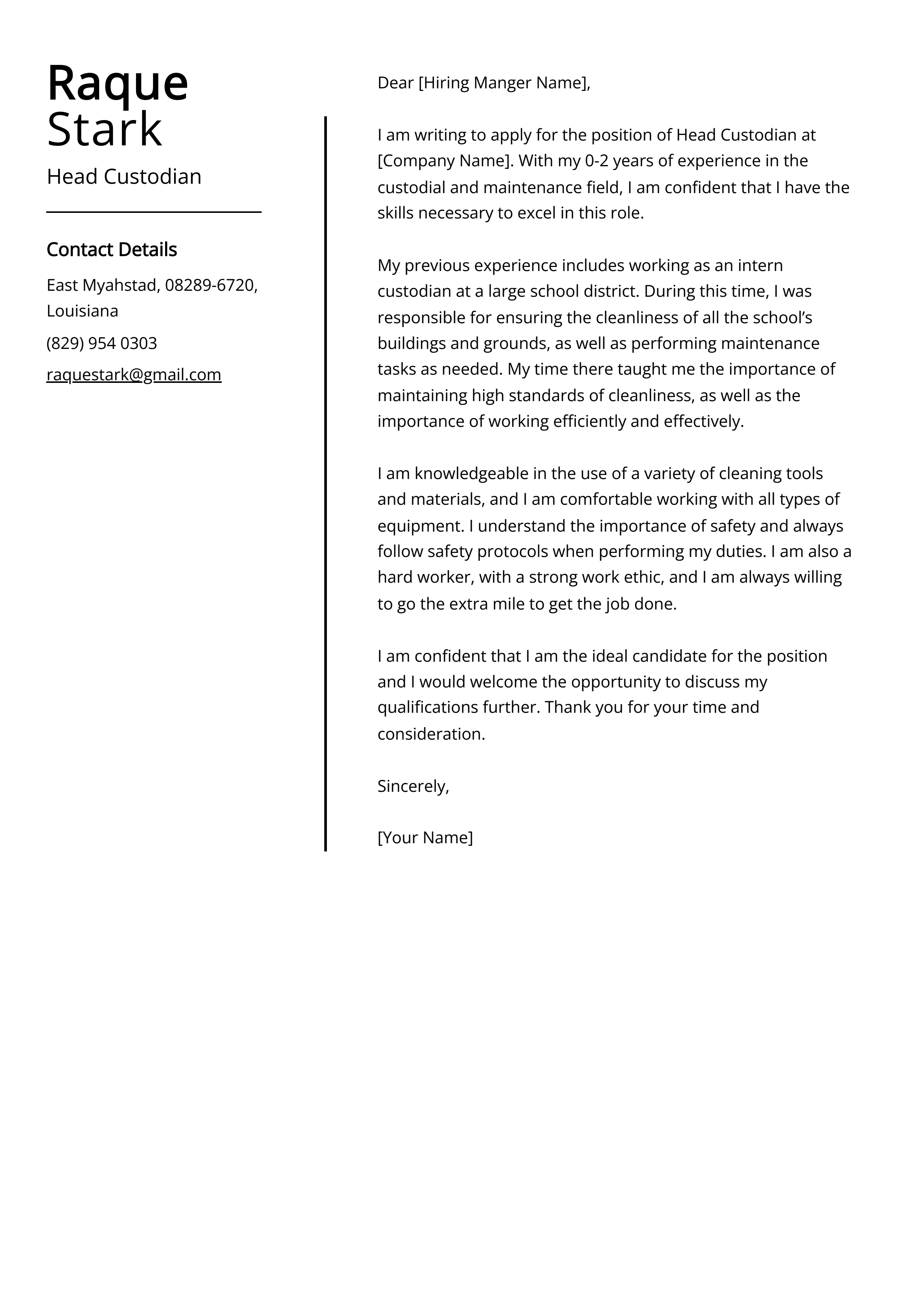 Head Custodian Cover Letter Example