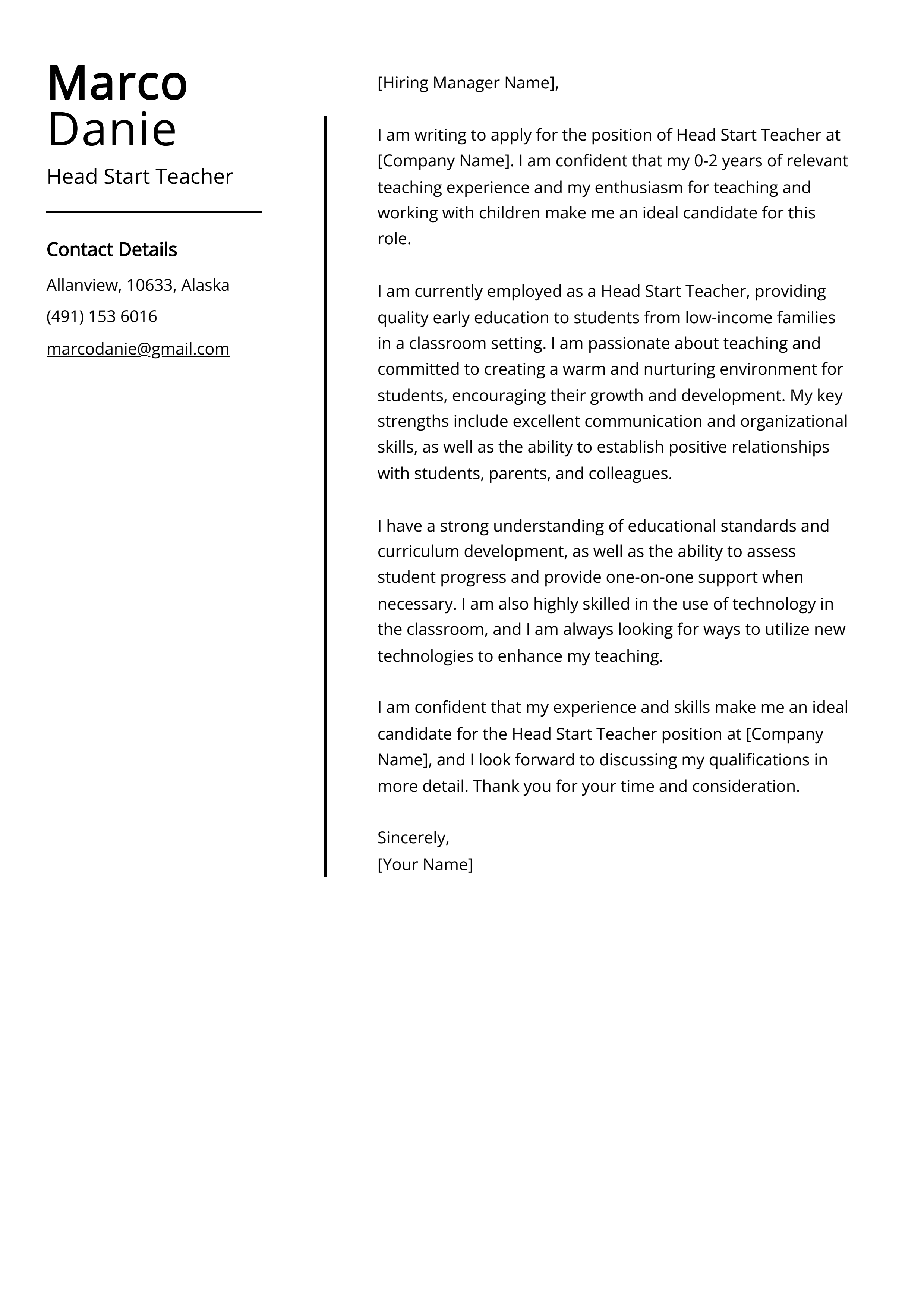 Head Start Teacher Cover Letter Example