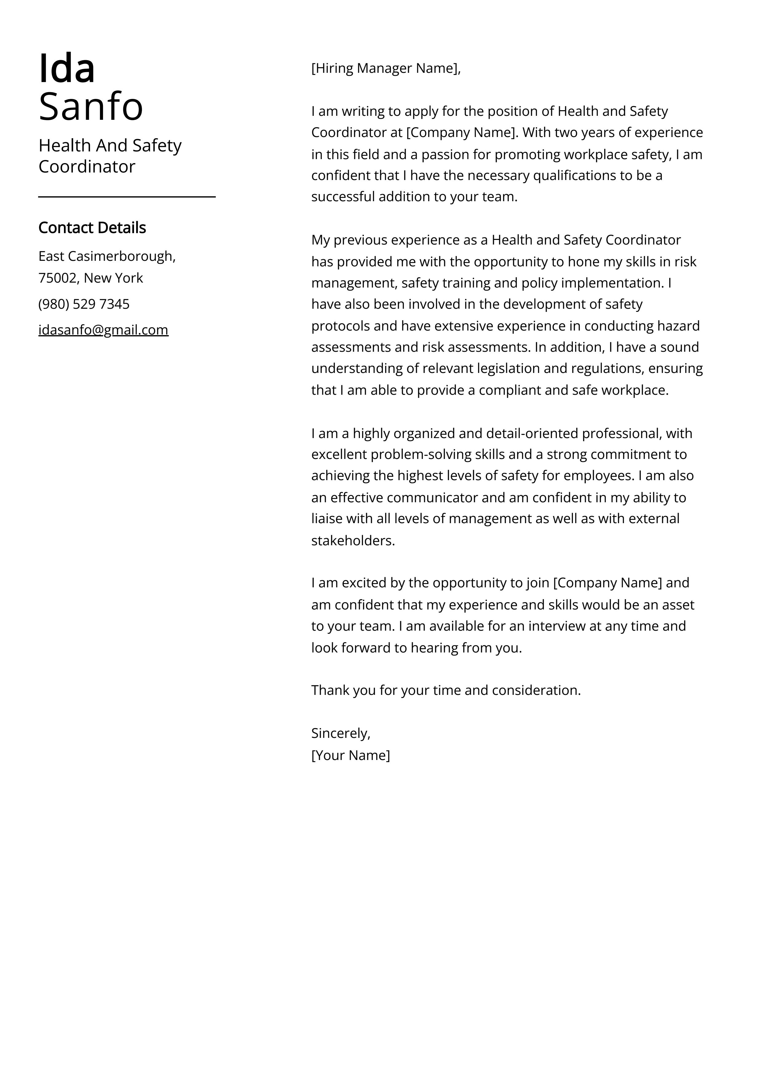 Health And Safety Coordinator Cover Letter Example