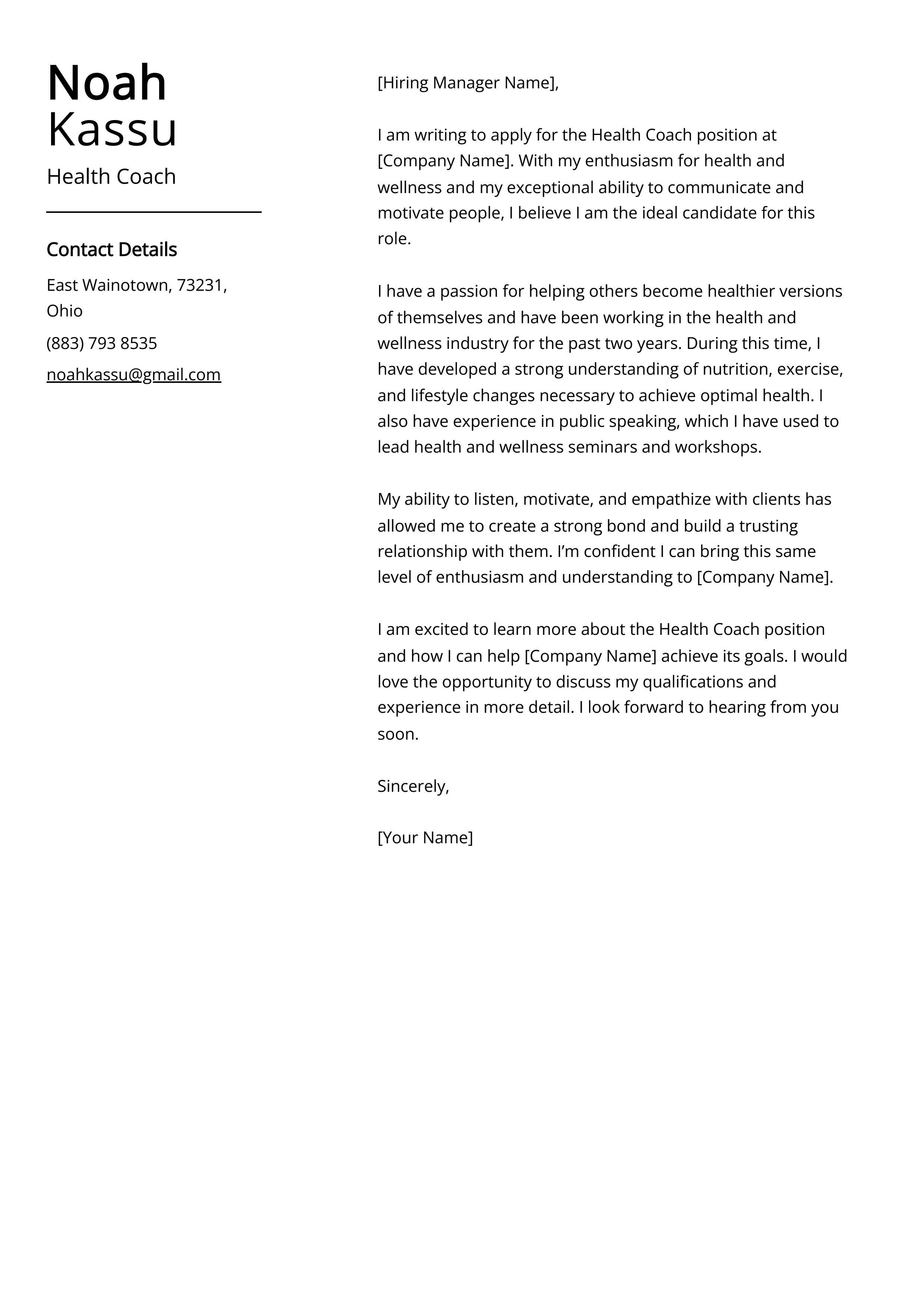 Health Coach Cover Letter Example