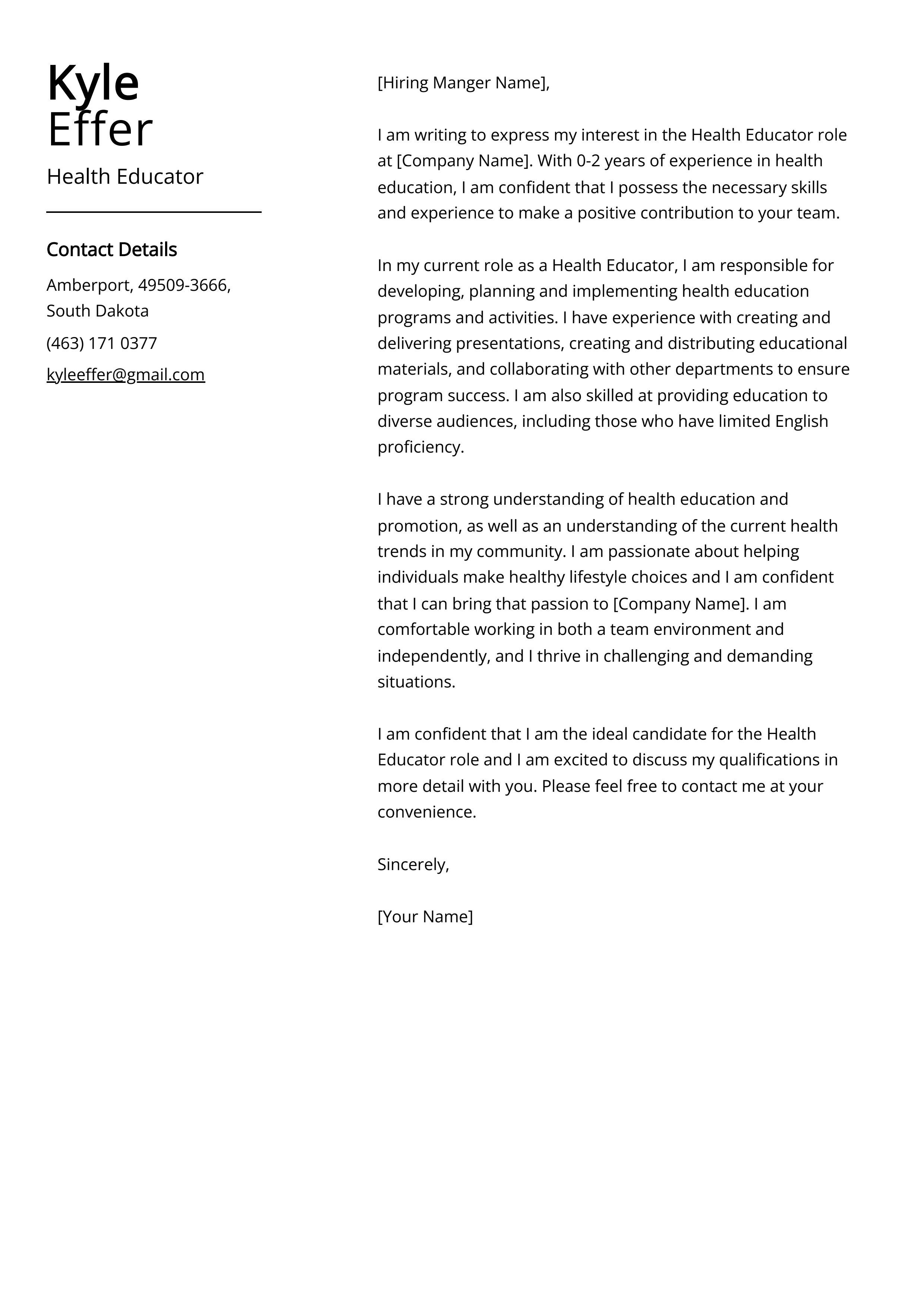 Health Educator Cover Letter Example