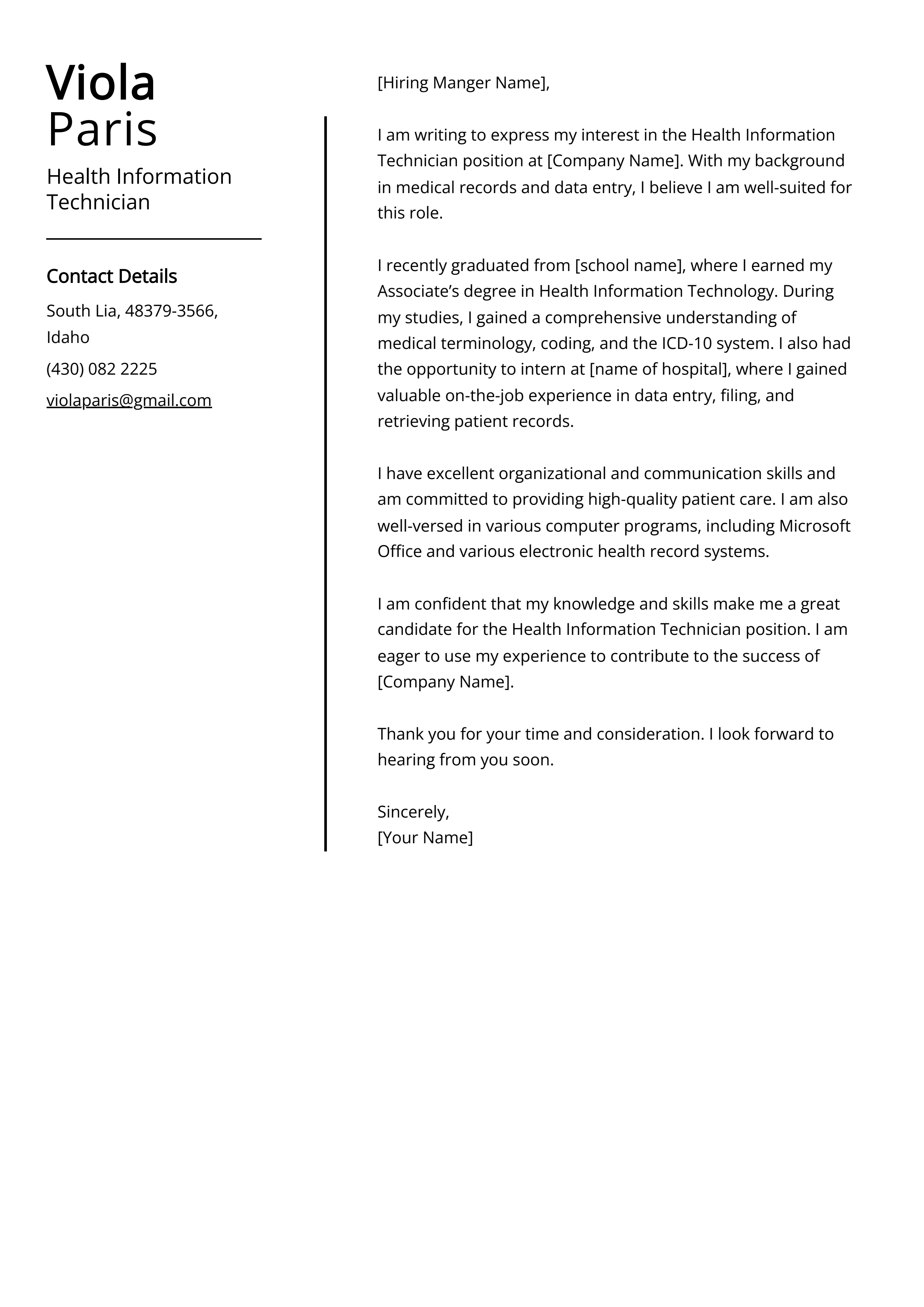 Health Information Technician Cover Letter Example