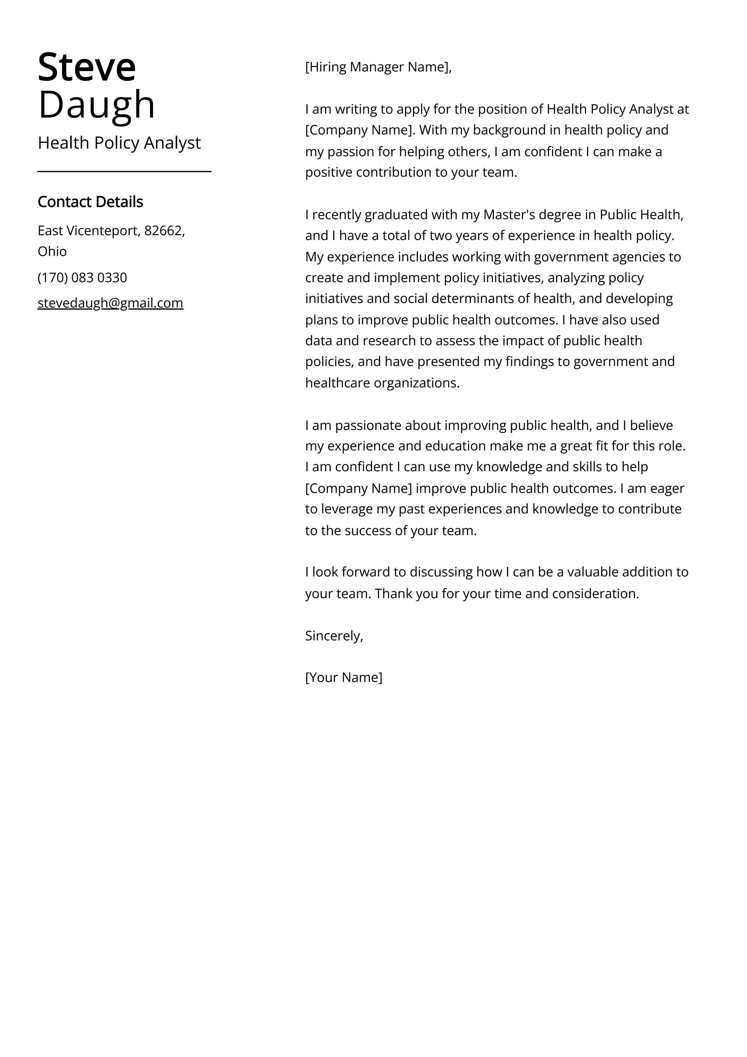 Health Policy Analyst Cover Letter Example