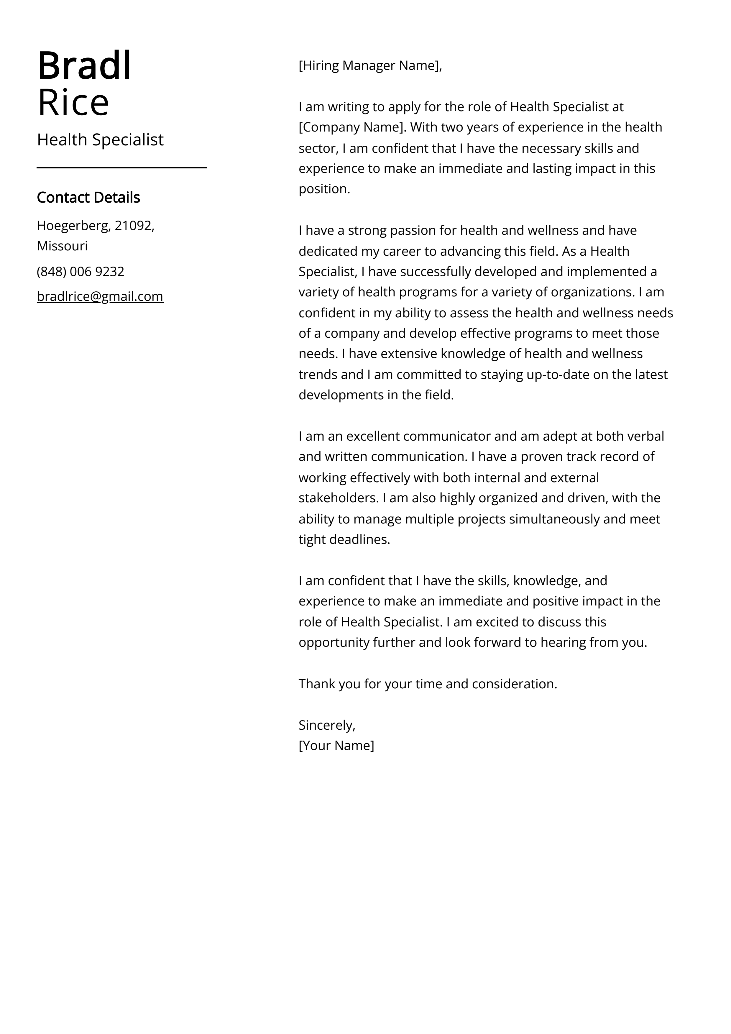 Health Specialist Cover Letter Example