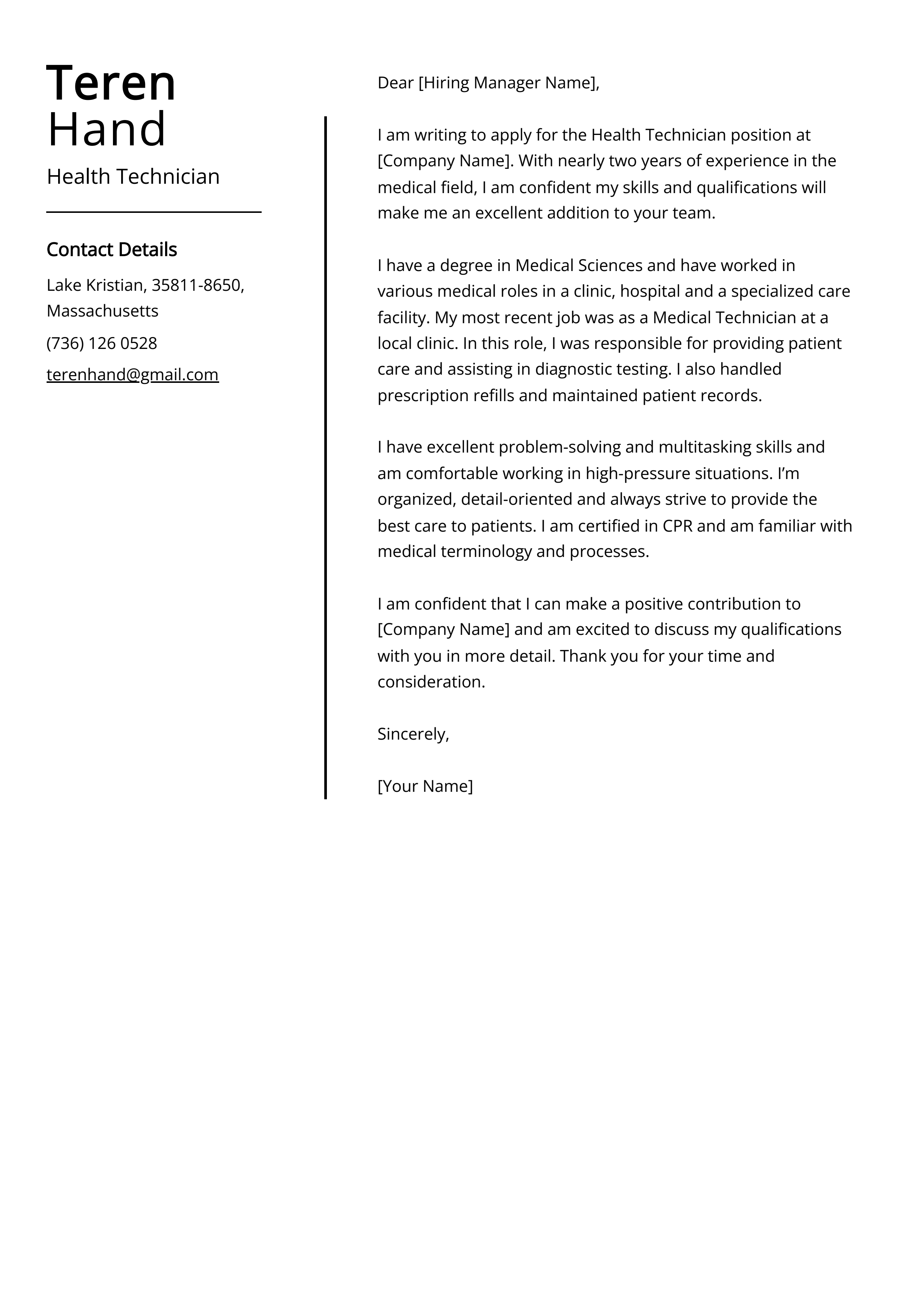 Health Technician Cover Letter Example
