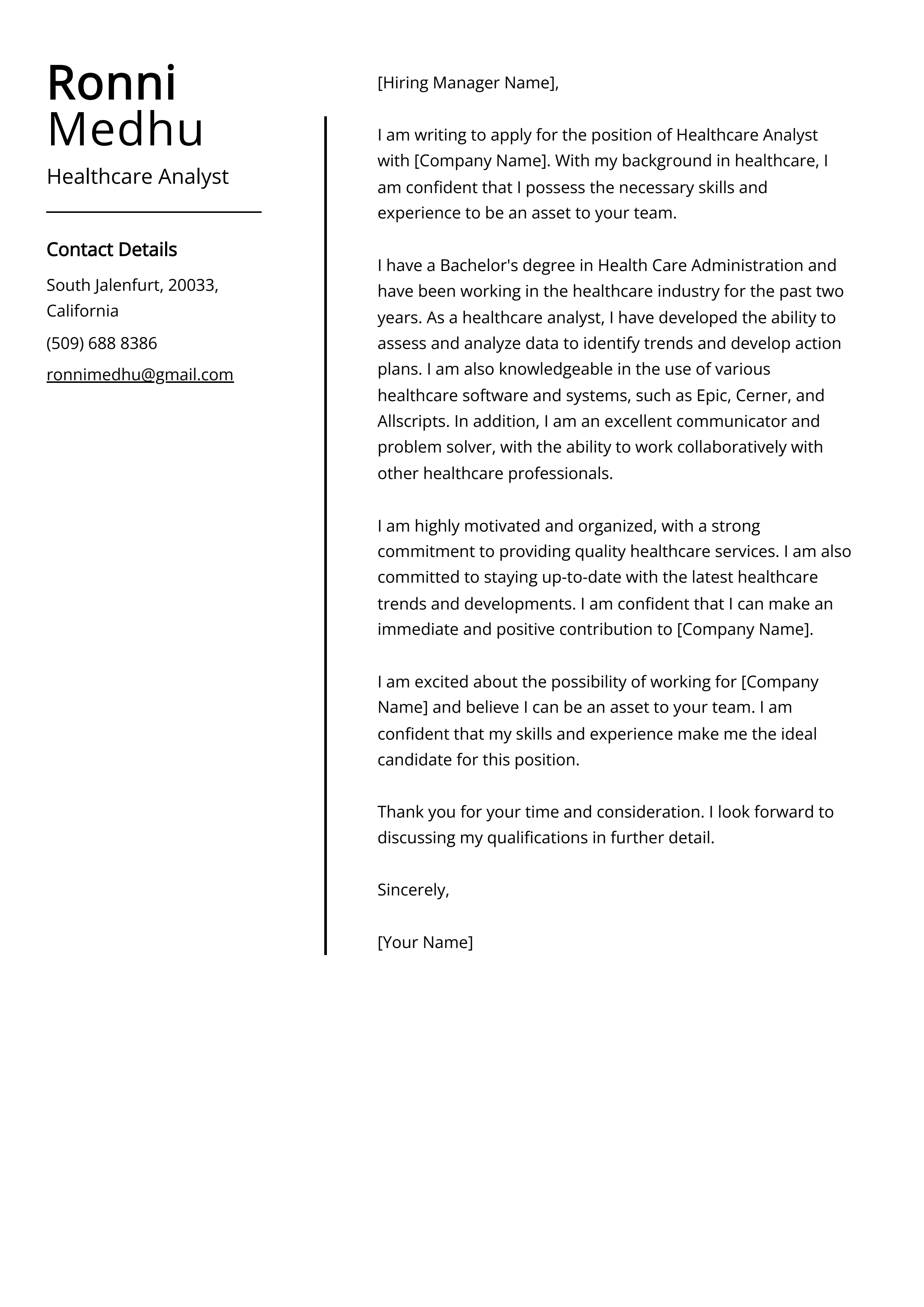 Healthcare Analyst Cover Letter Example