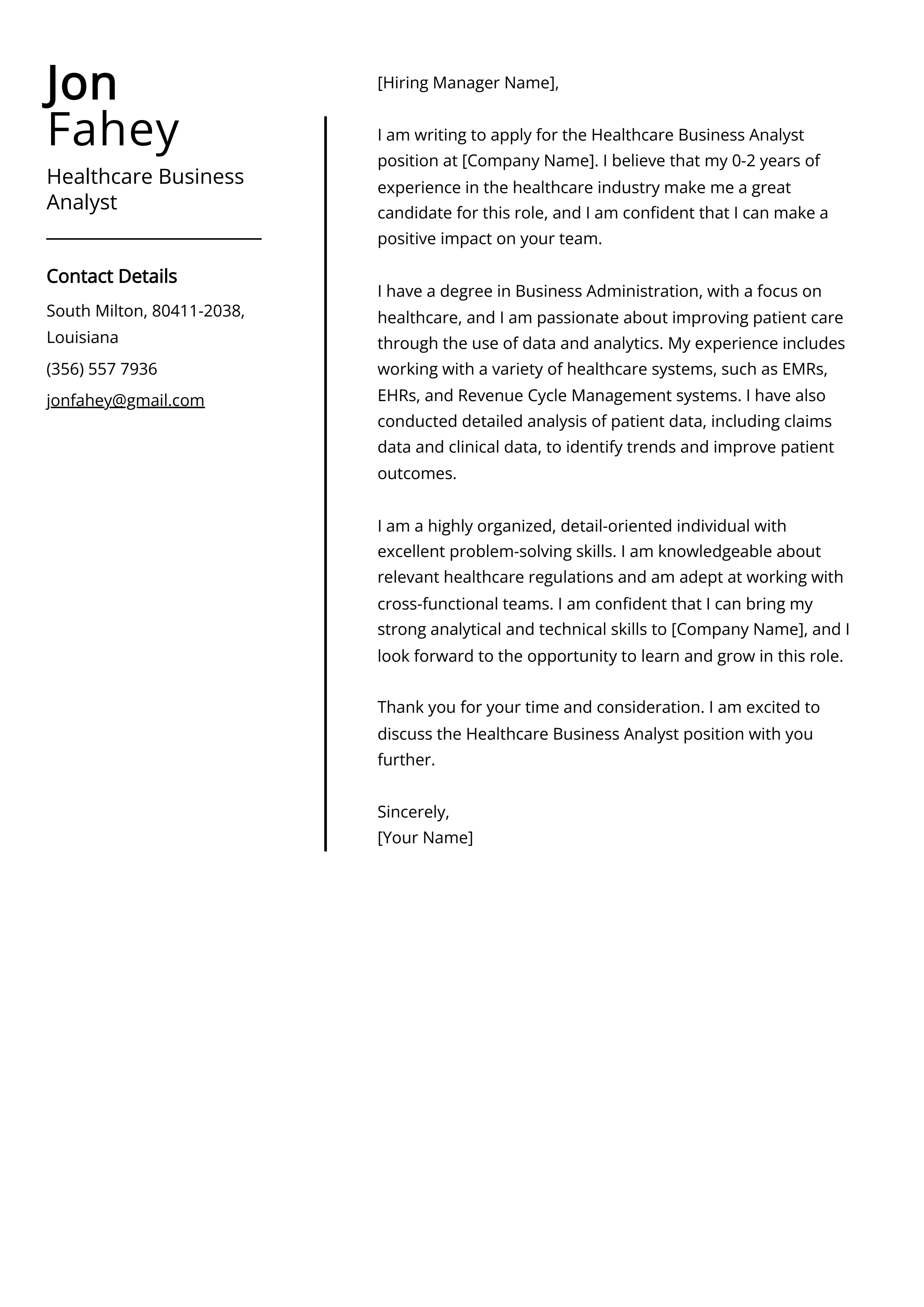 Healthcare Business Analyst Cover Letter Example