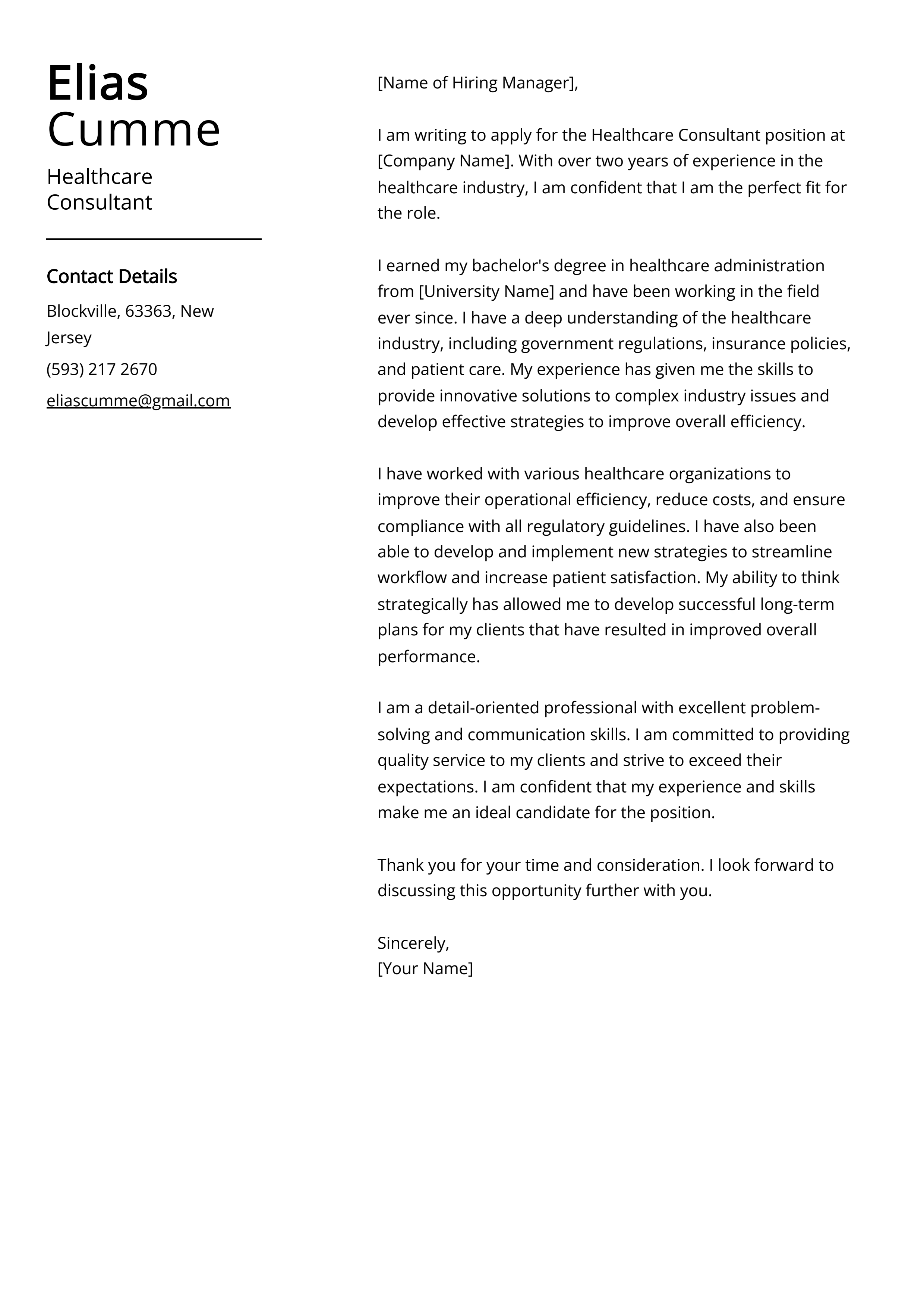 Healthcare Consultant Cover Letter Example