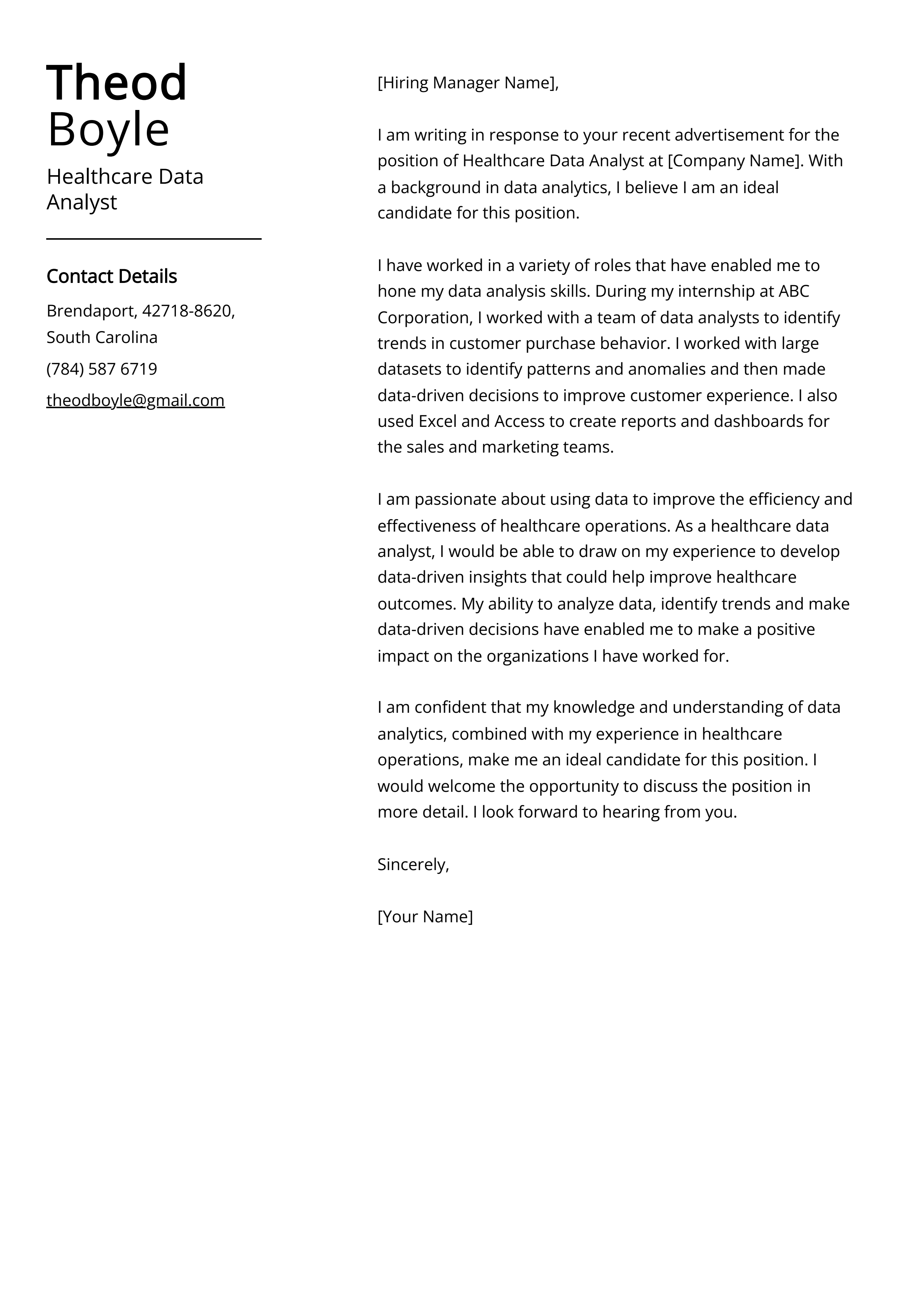 Healthcare Data Analyst Cover Letter Example