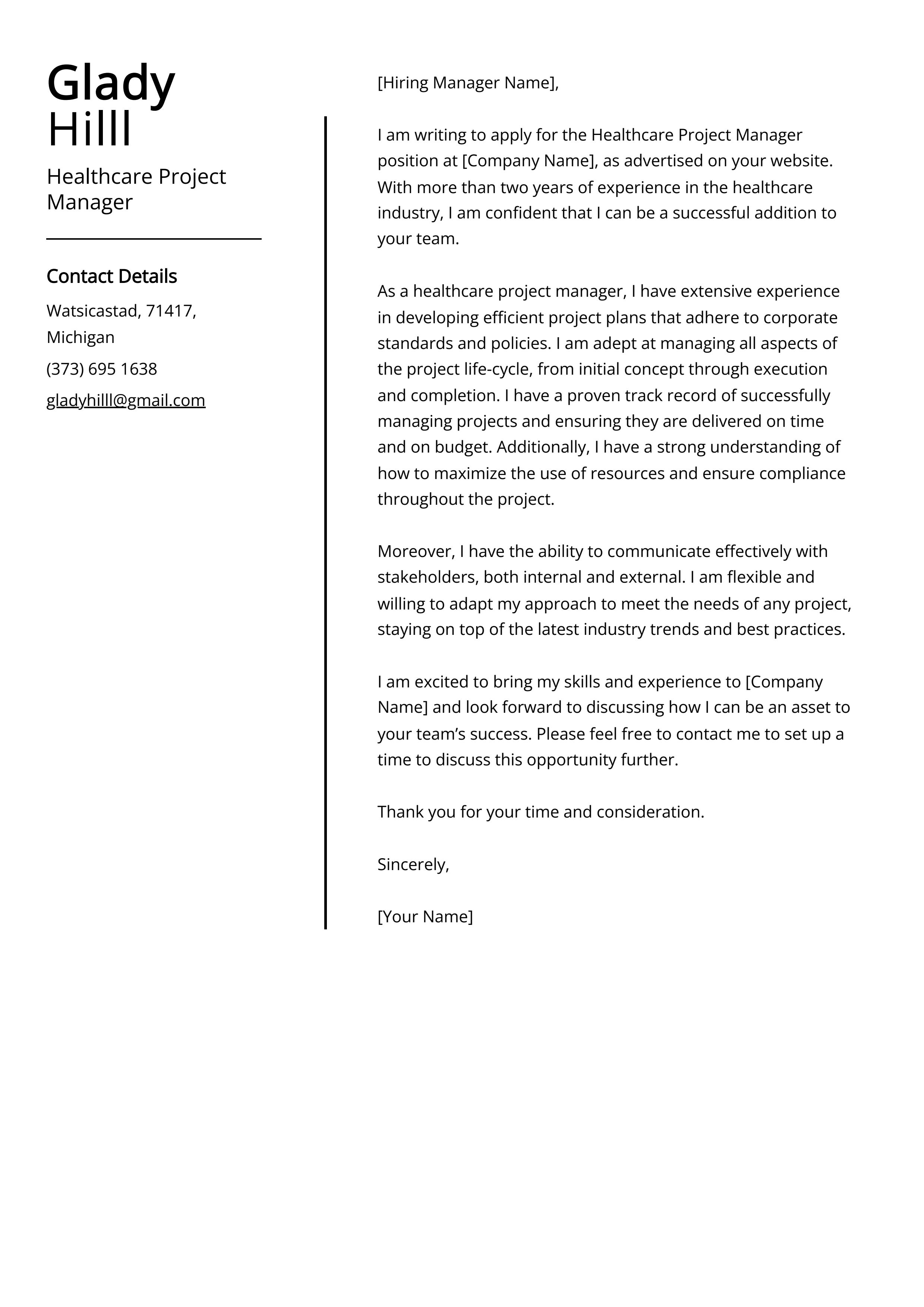 Healthcare Project Manager Cover Letter Example