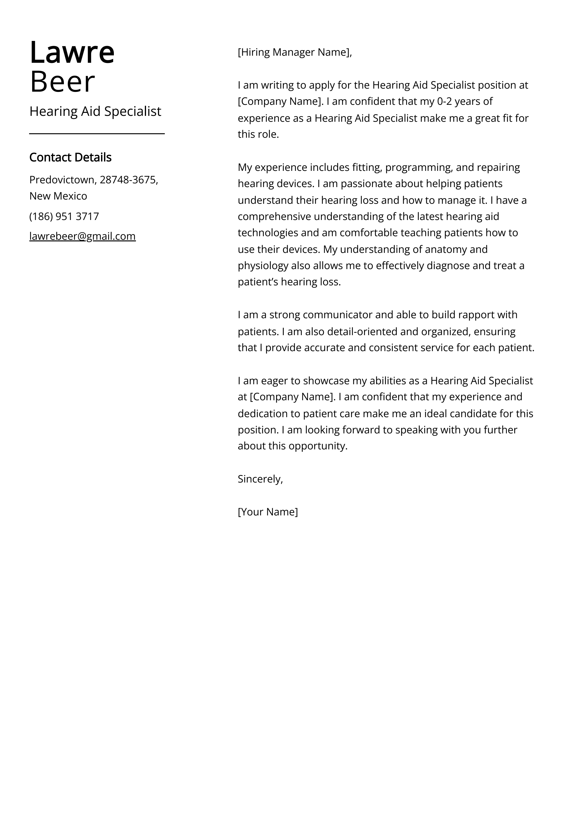 Hearing Aid Specialist Cover Letter Example