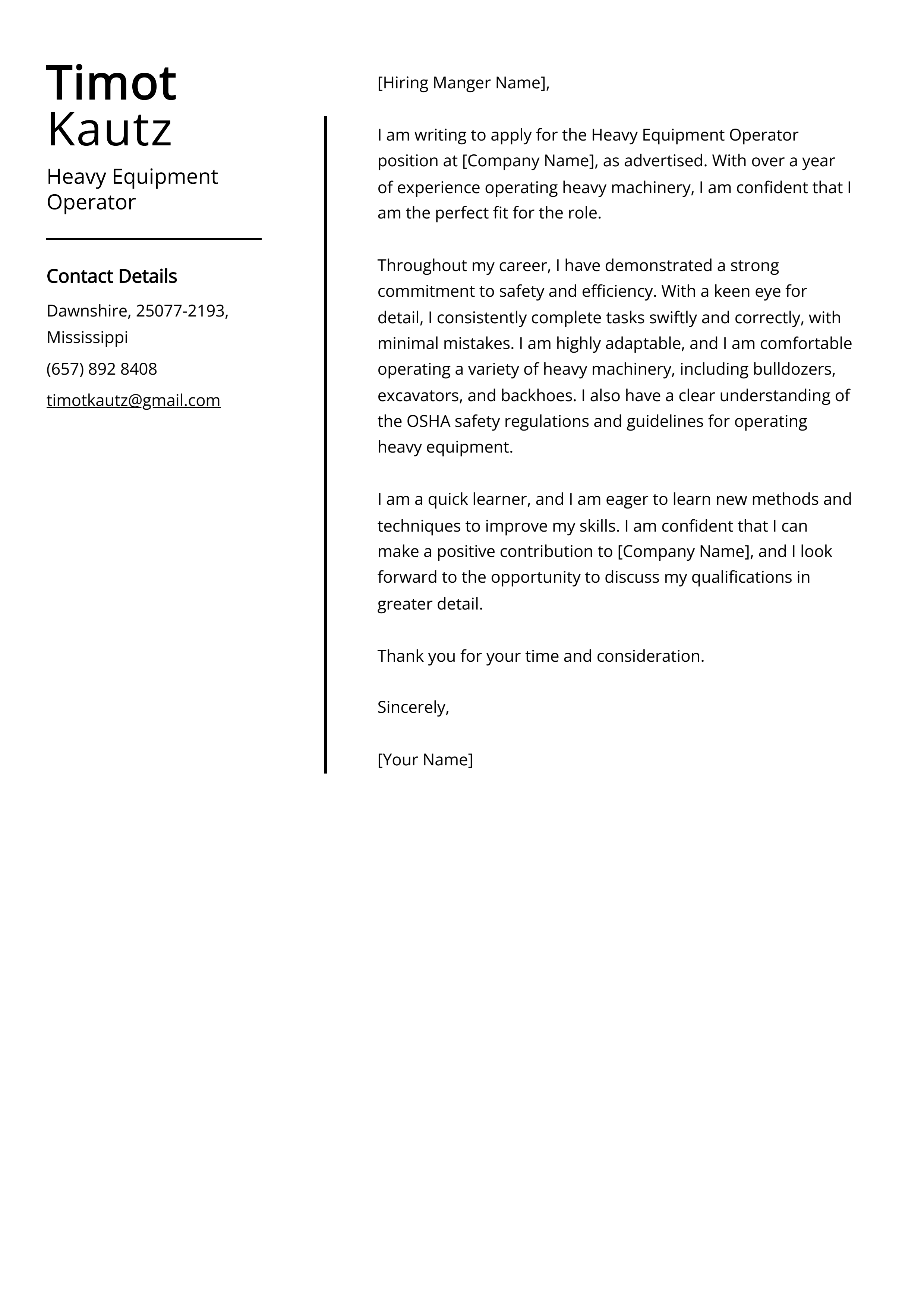 Heavy Equipment Operator Cover Letter Example