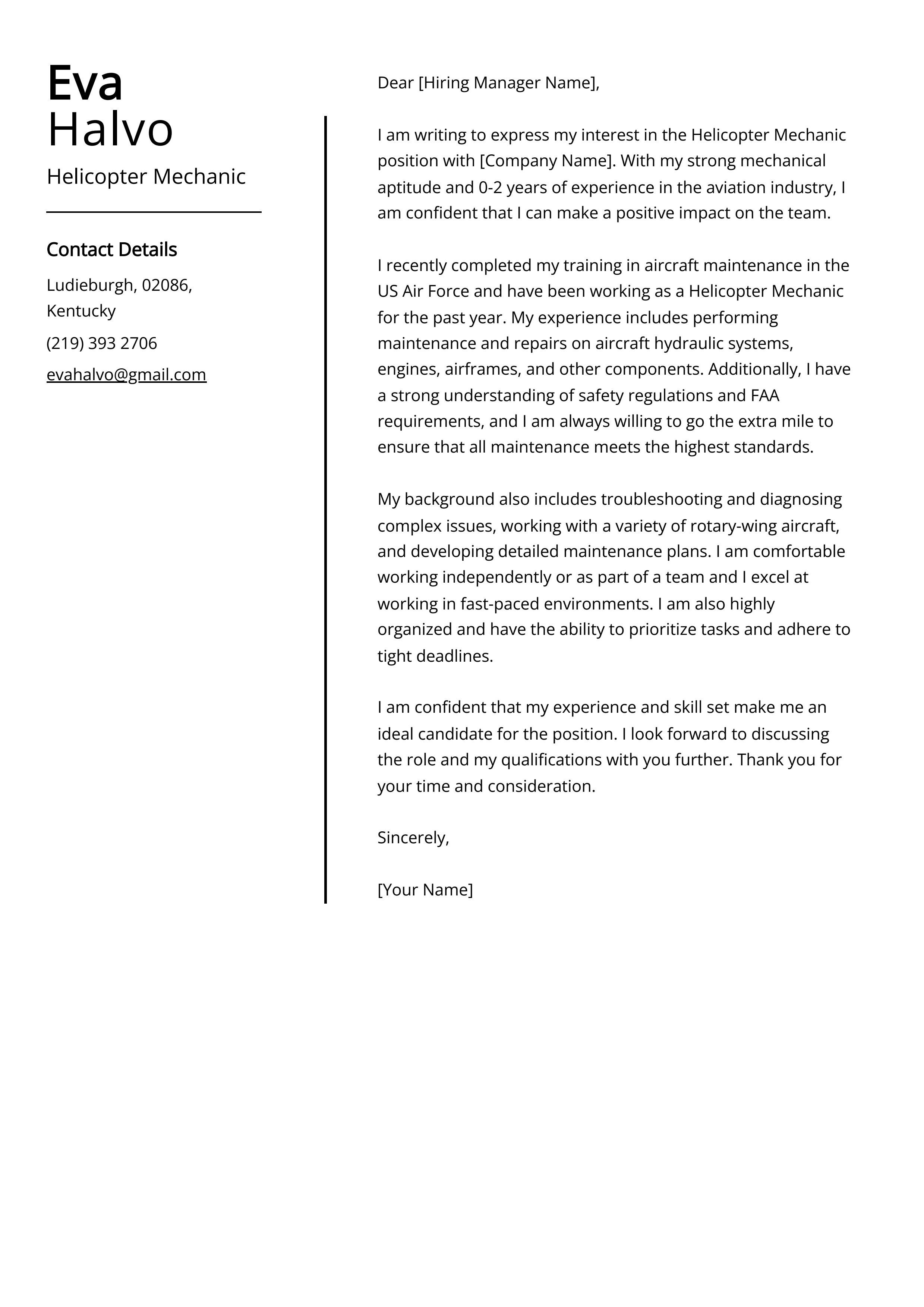 Helicopter Mechanic Cover Letter Example