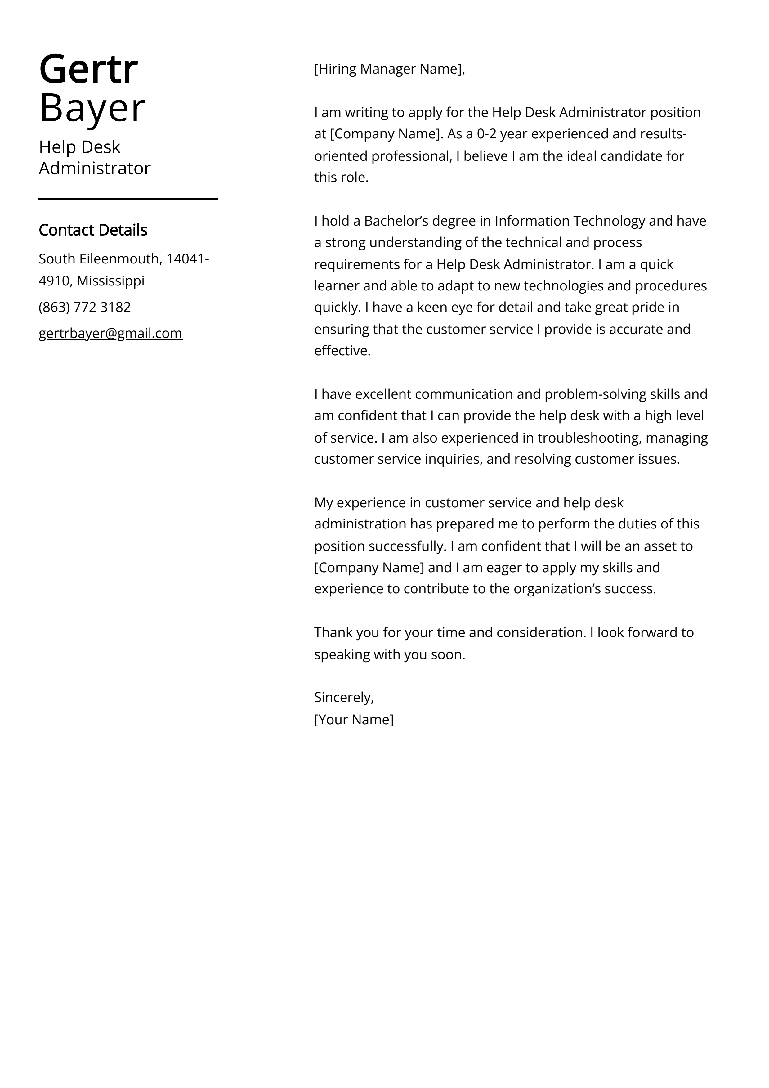 Help Desk Administrator Cover Letter Example