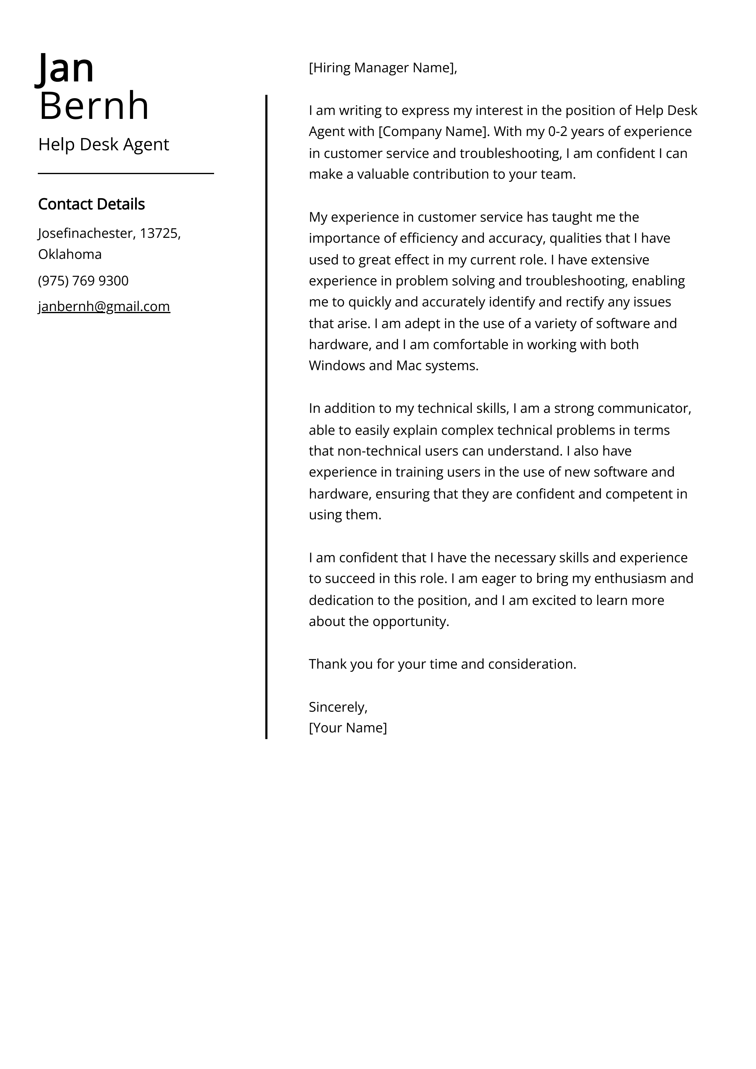 Help Desk Agent Cover Letter Example