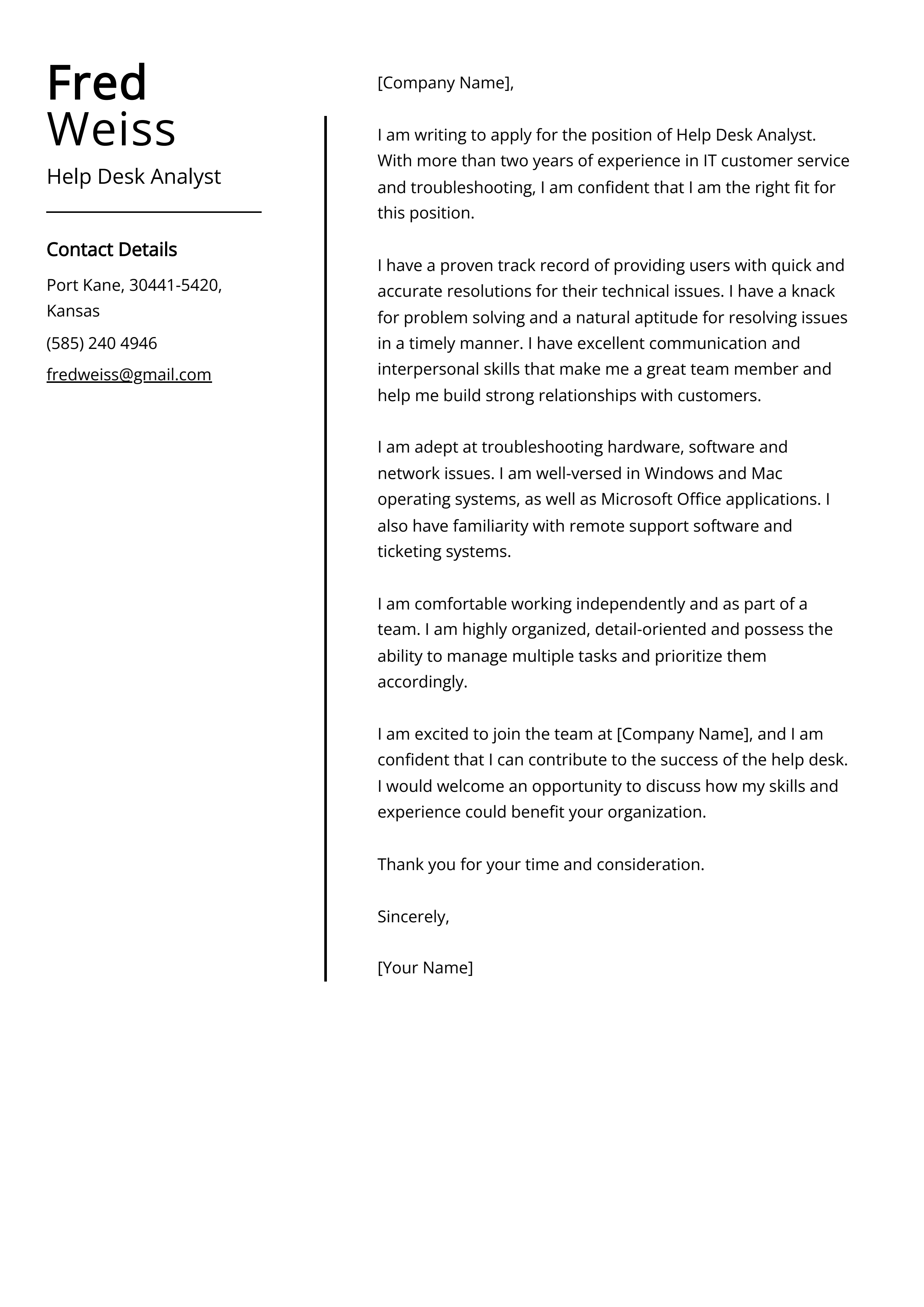 Help Desk Analyst Cover Letter Example