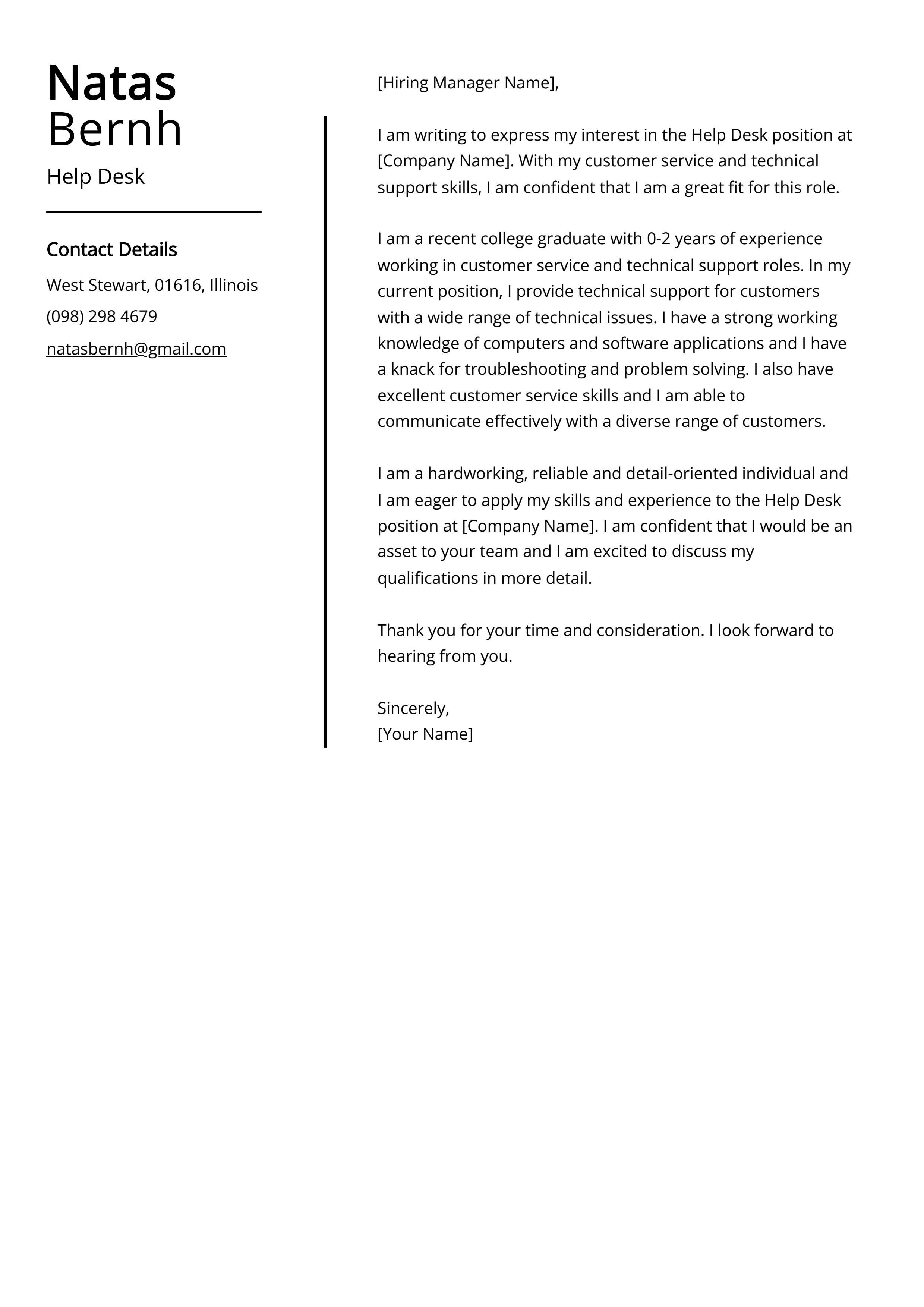 Help Desk Cover Letter Example