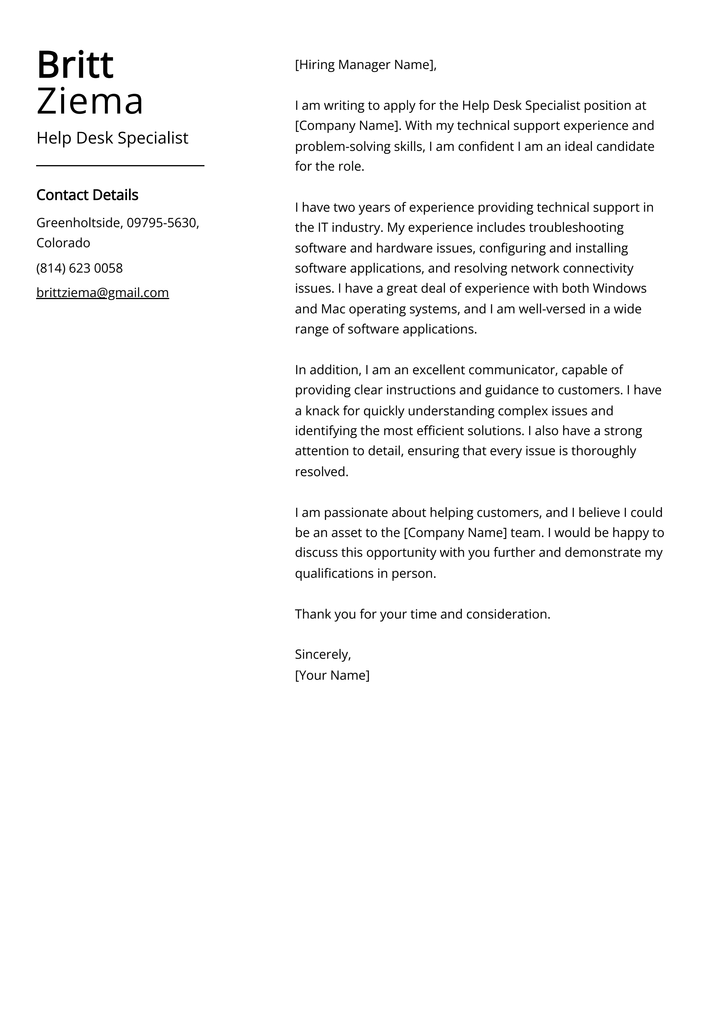 Help Desk Specialist Cover Letter Example