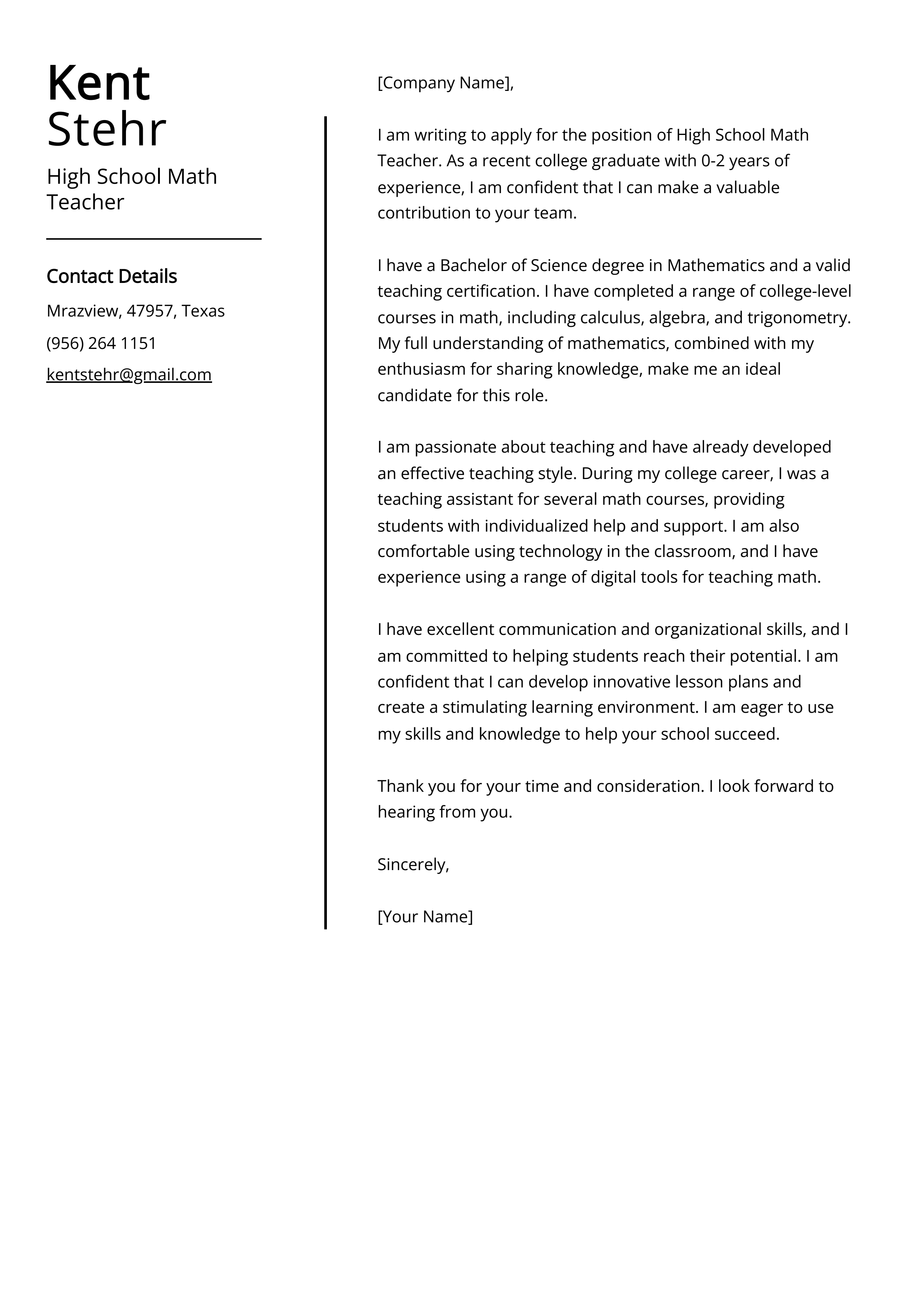 High School Math Teacher Cover Letter Example