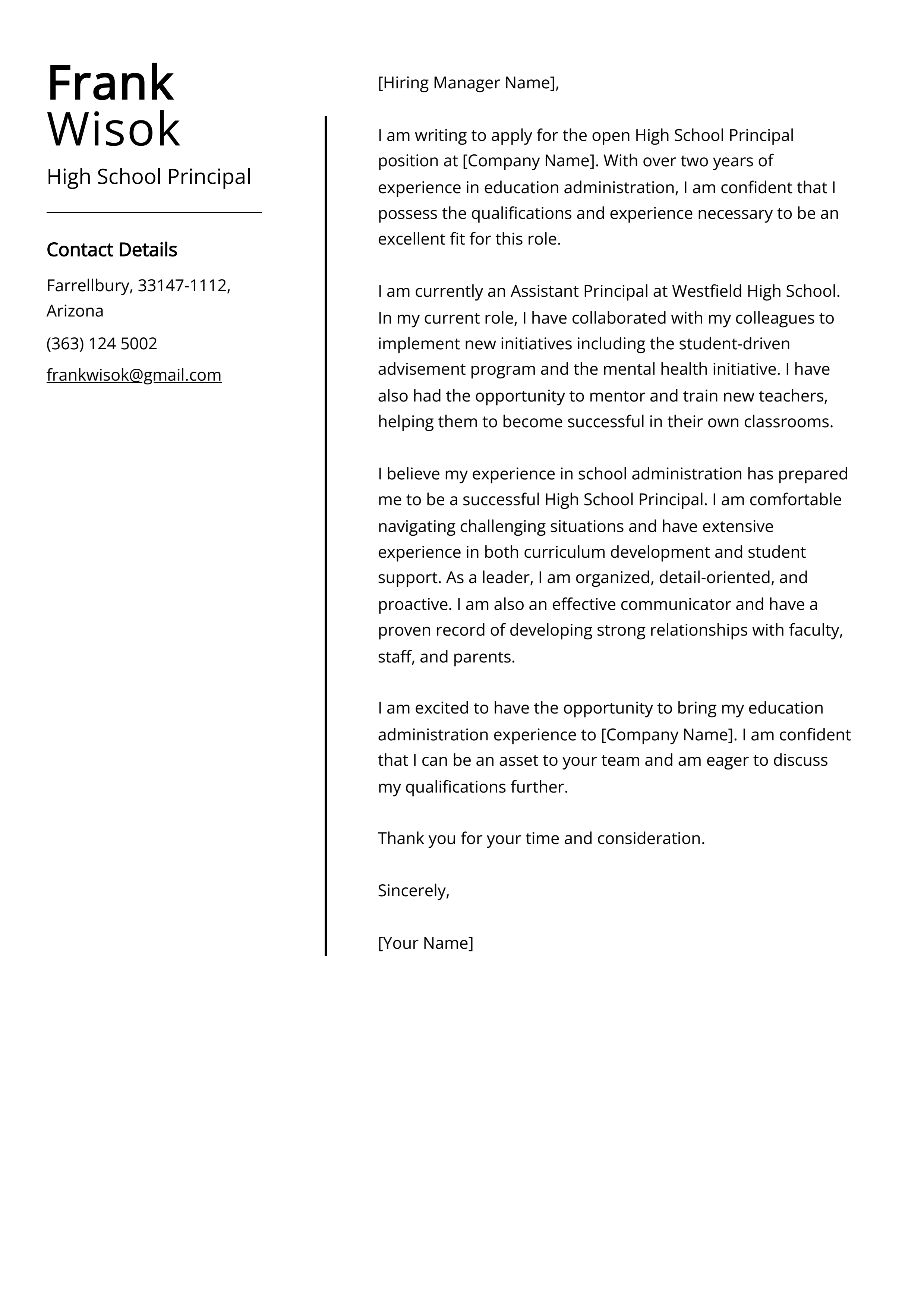 High School Principal Cover Letter Example