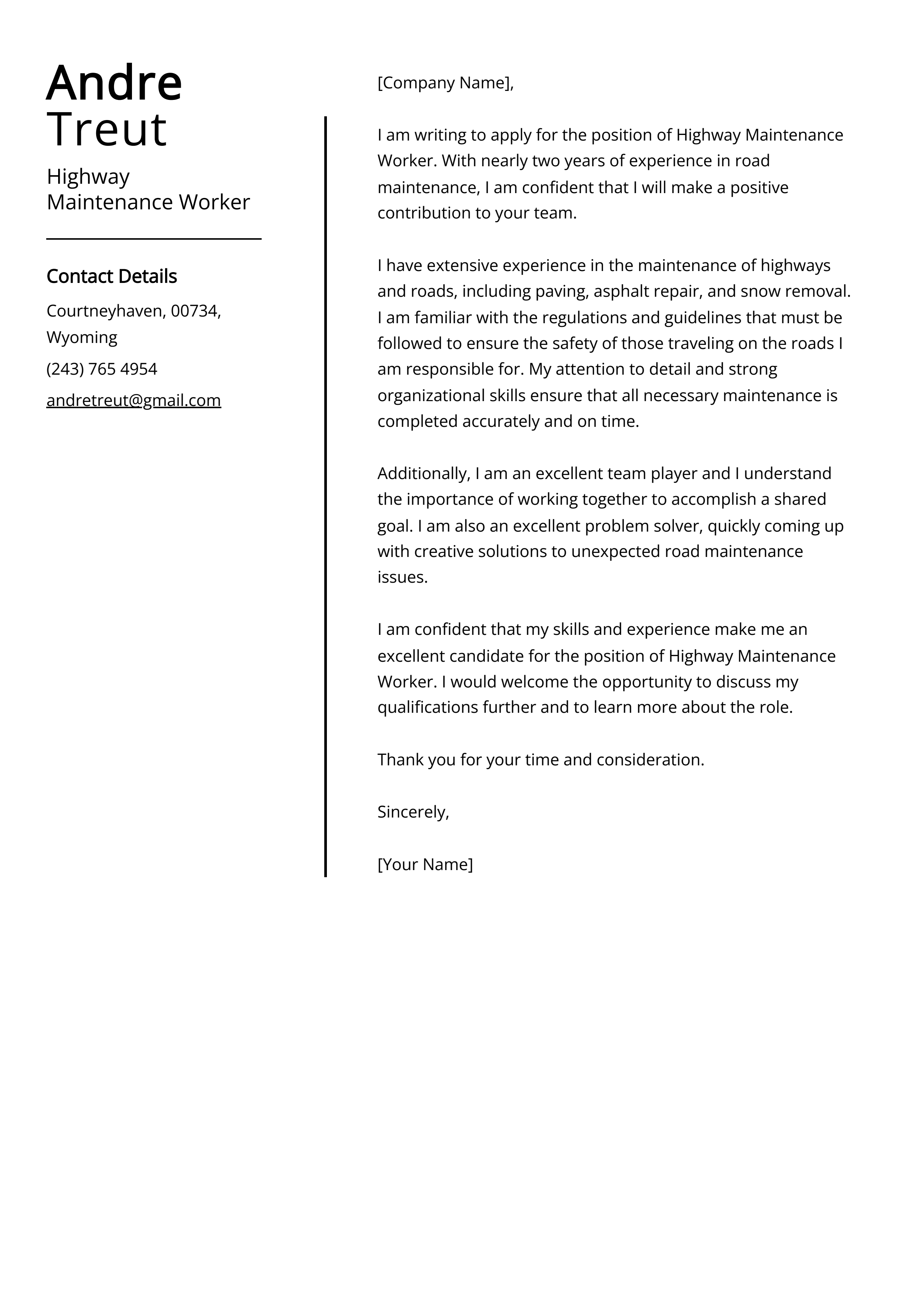 Highway Maintenance Worker Cover Letter Example