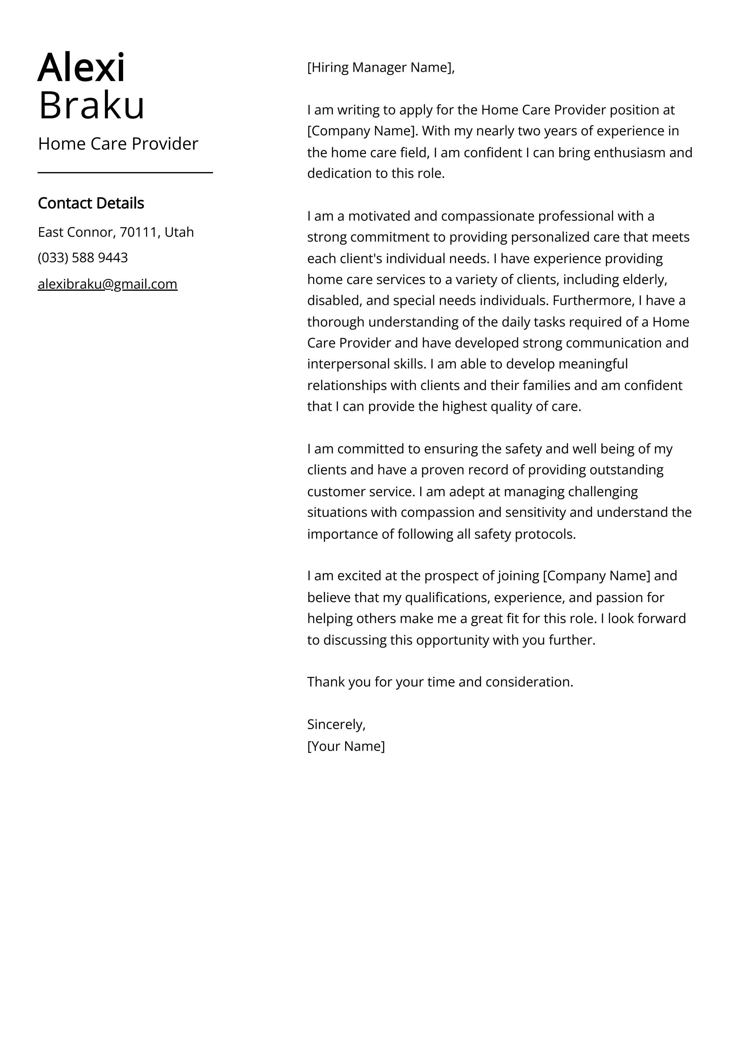 Home Care Provider Cover Letter Example