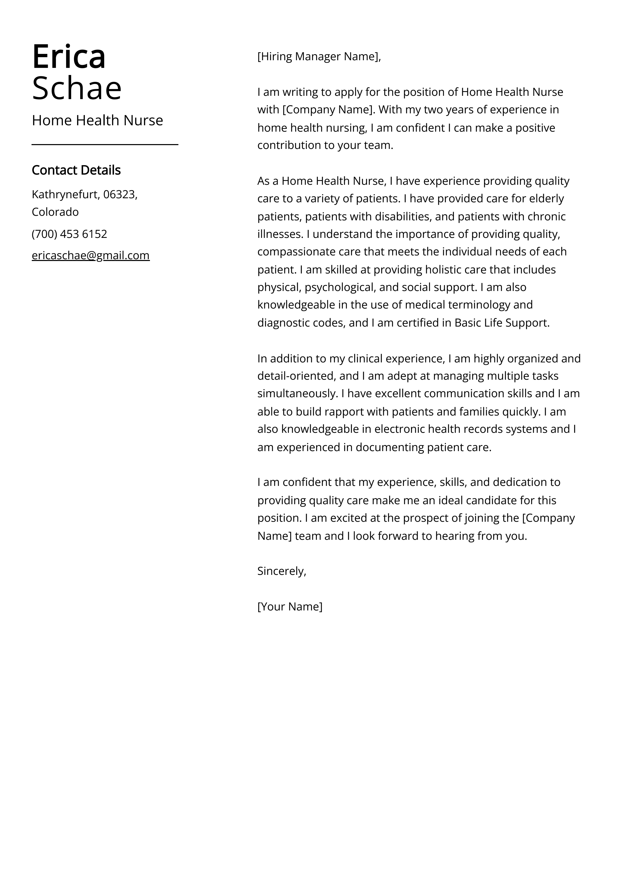 Home Health Nurse Cover Letter Example