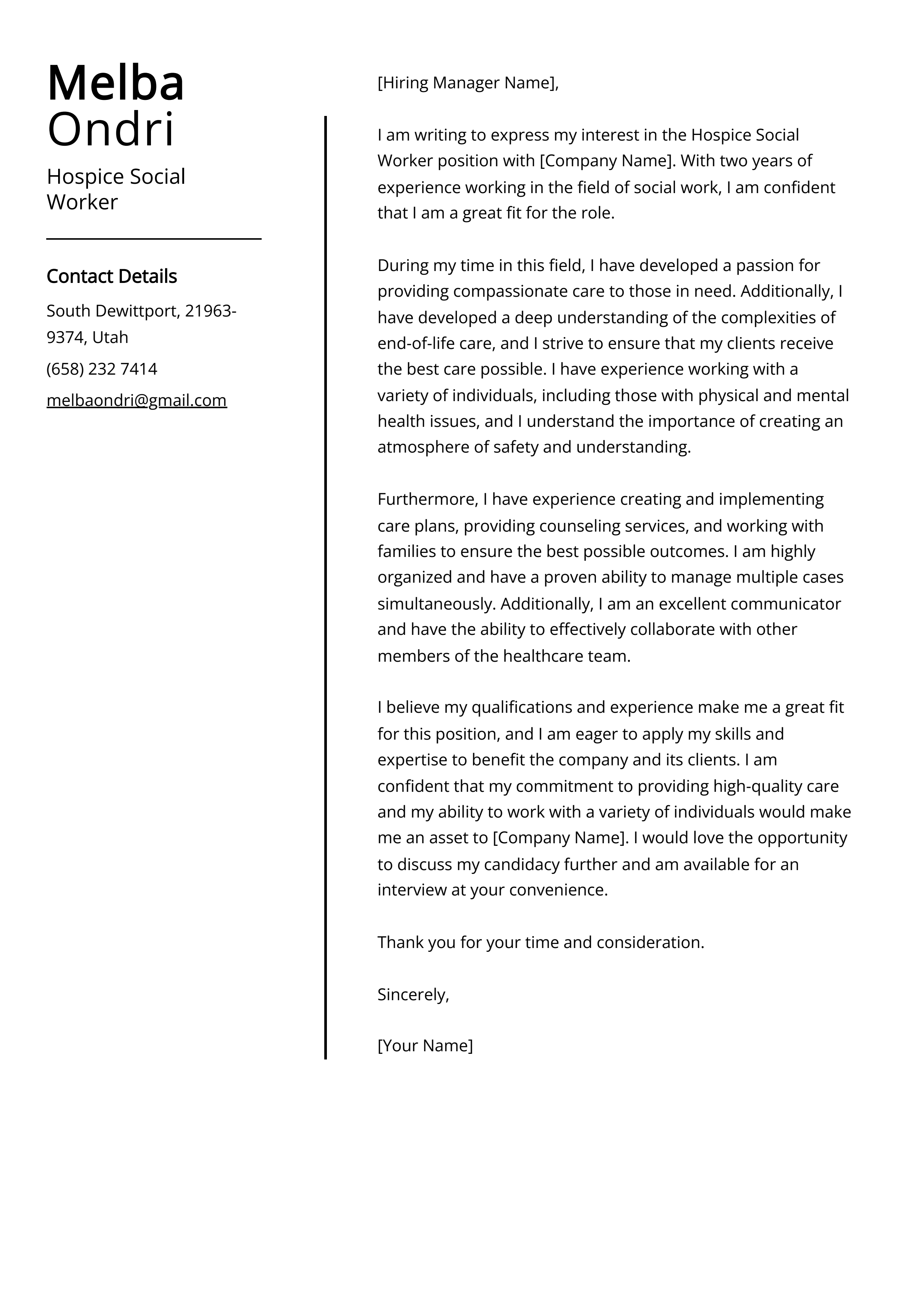 Hospice Social Worker Cover Letter Example