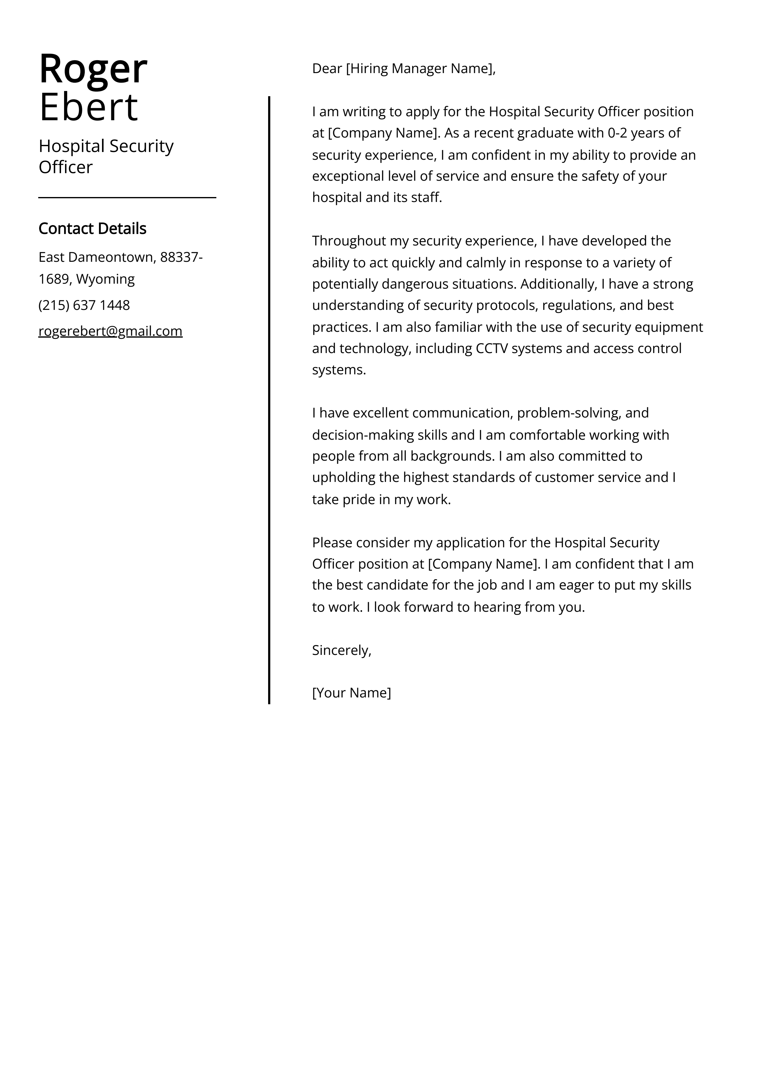 Hospital Security Officer Cover Letter Example
