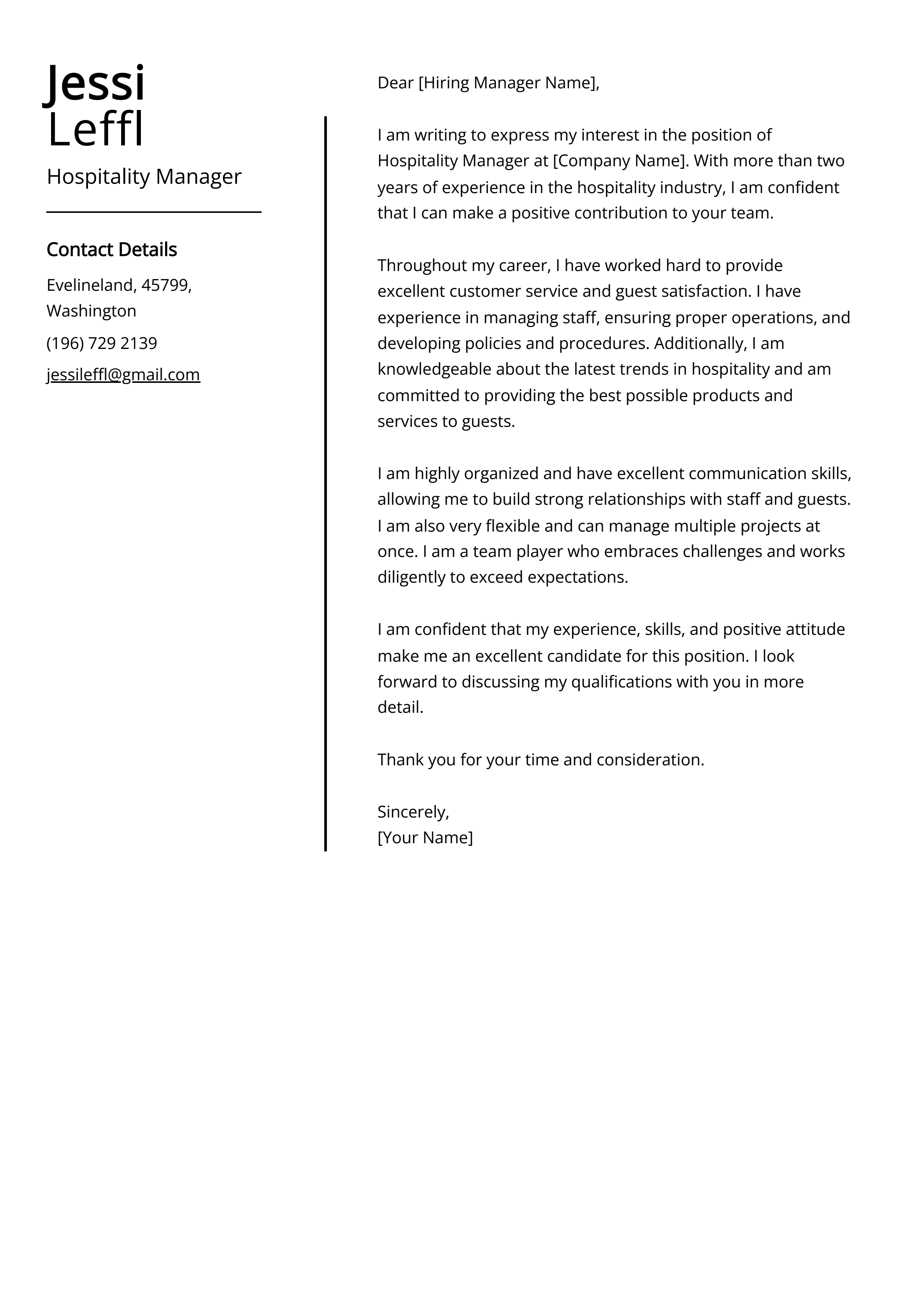 Hospitality Manager Cover Letter Example