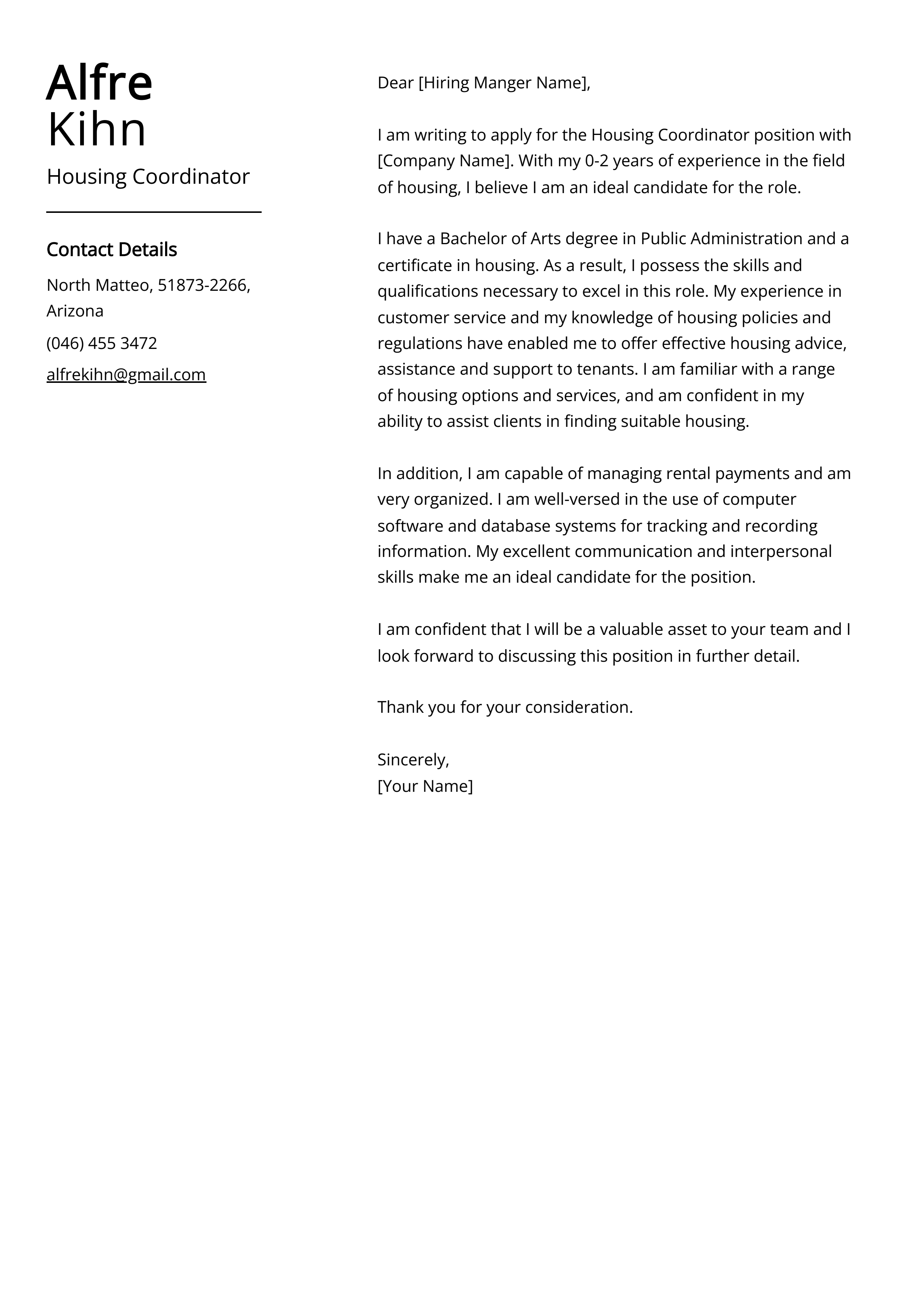 Housing Coordinator Cover Letter Example