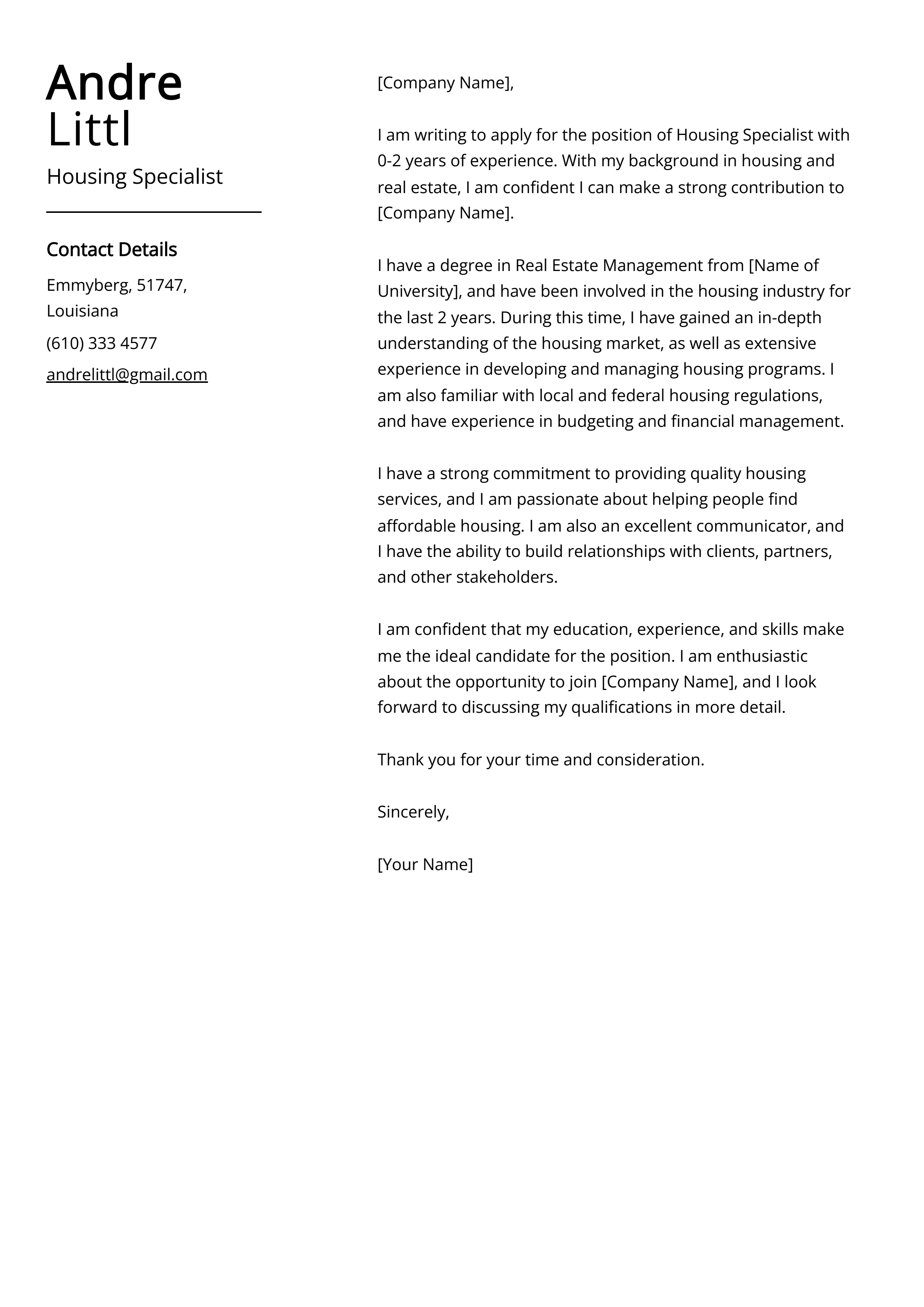 Housing Specialist Cover Letter Example