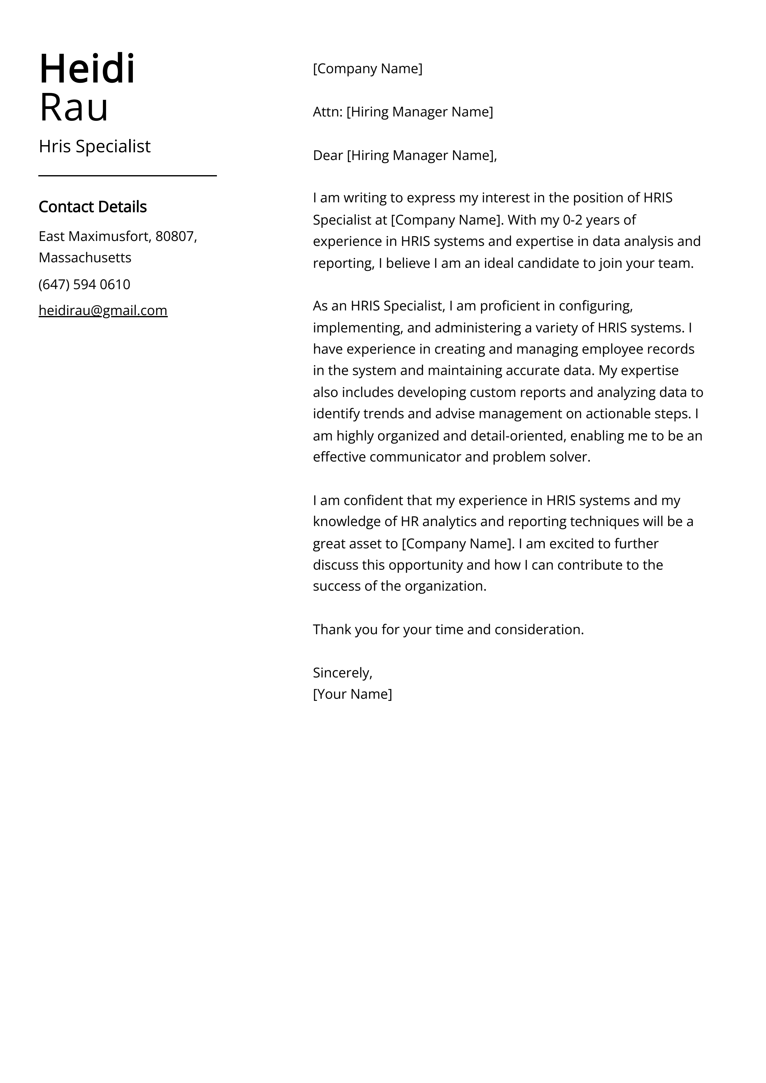 Hris Specialist Cover Letter Example