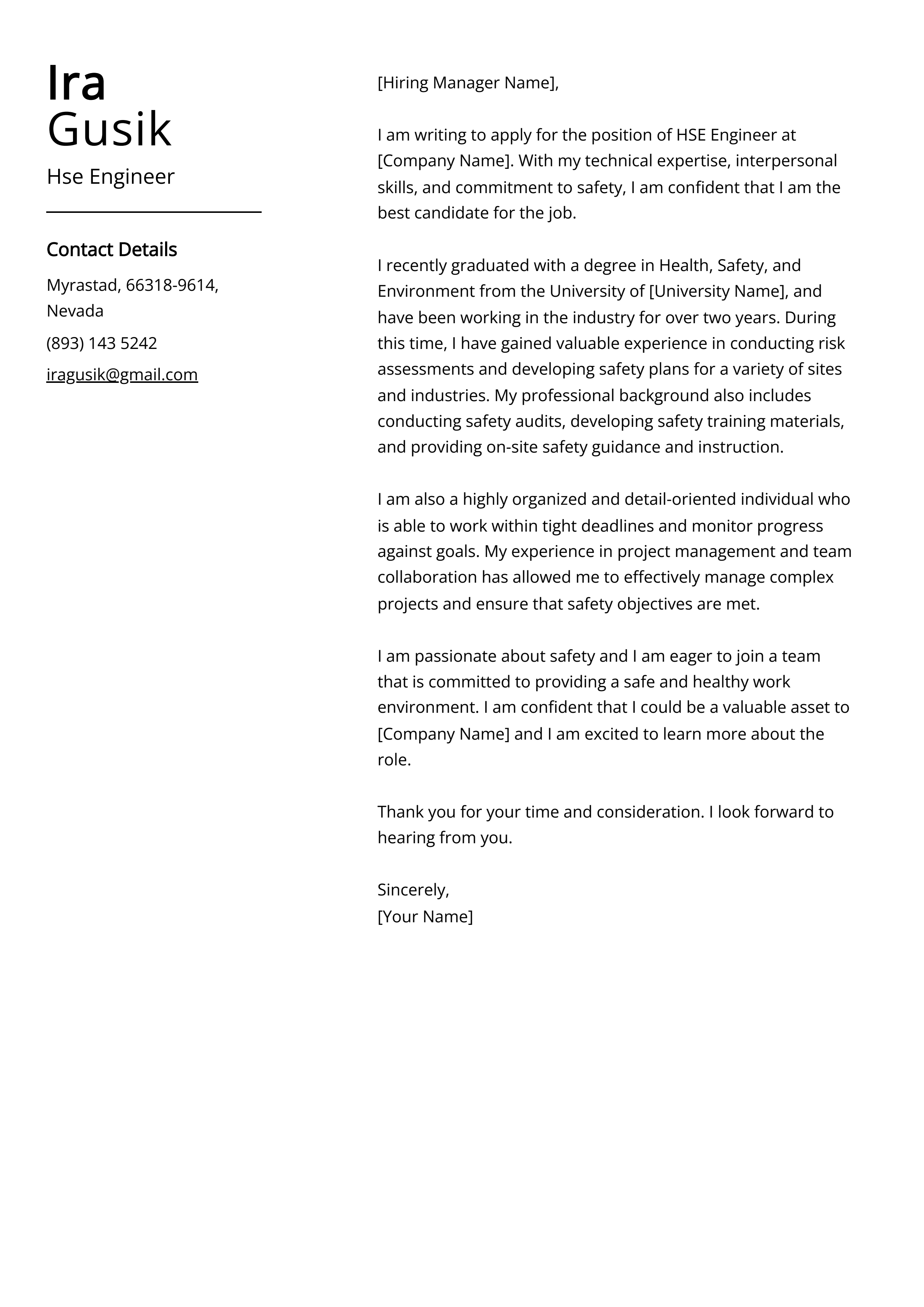 Hse Engineer Cover Letter Example