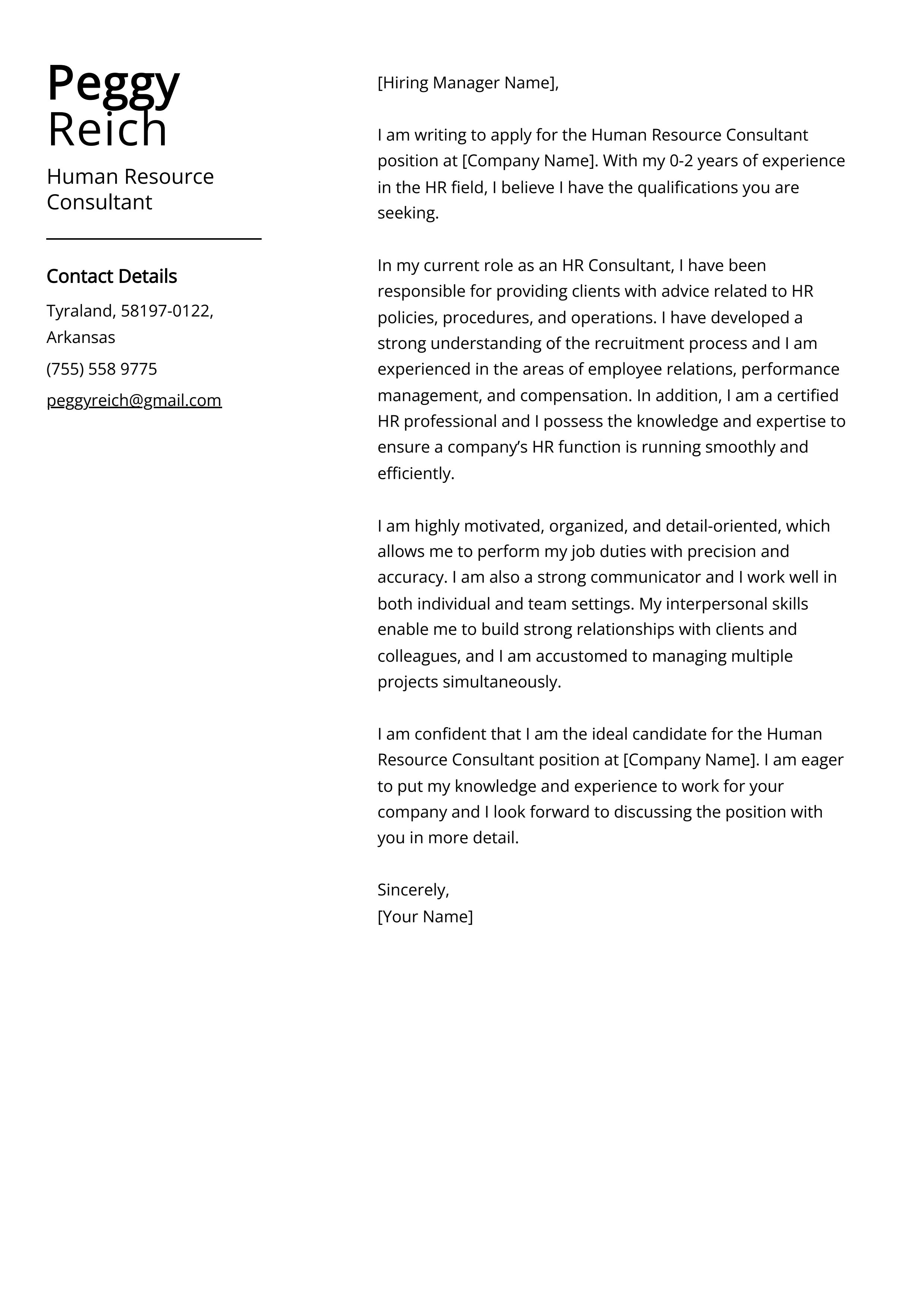 Human Resource Consultant Cover Letter Example