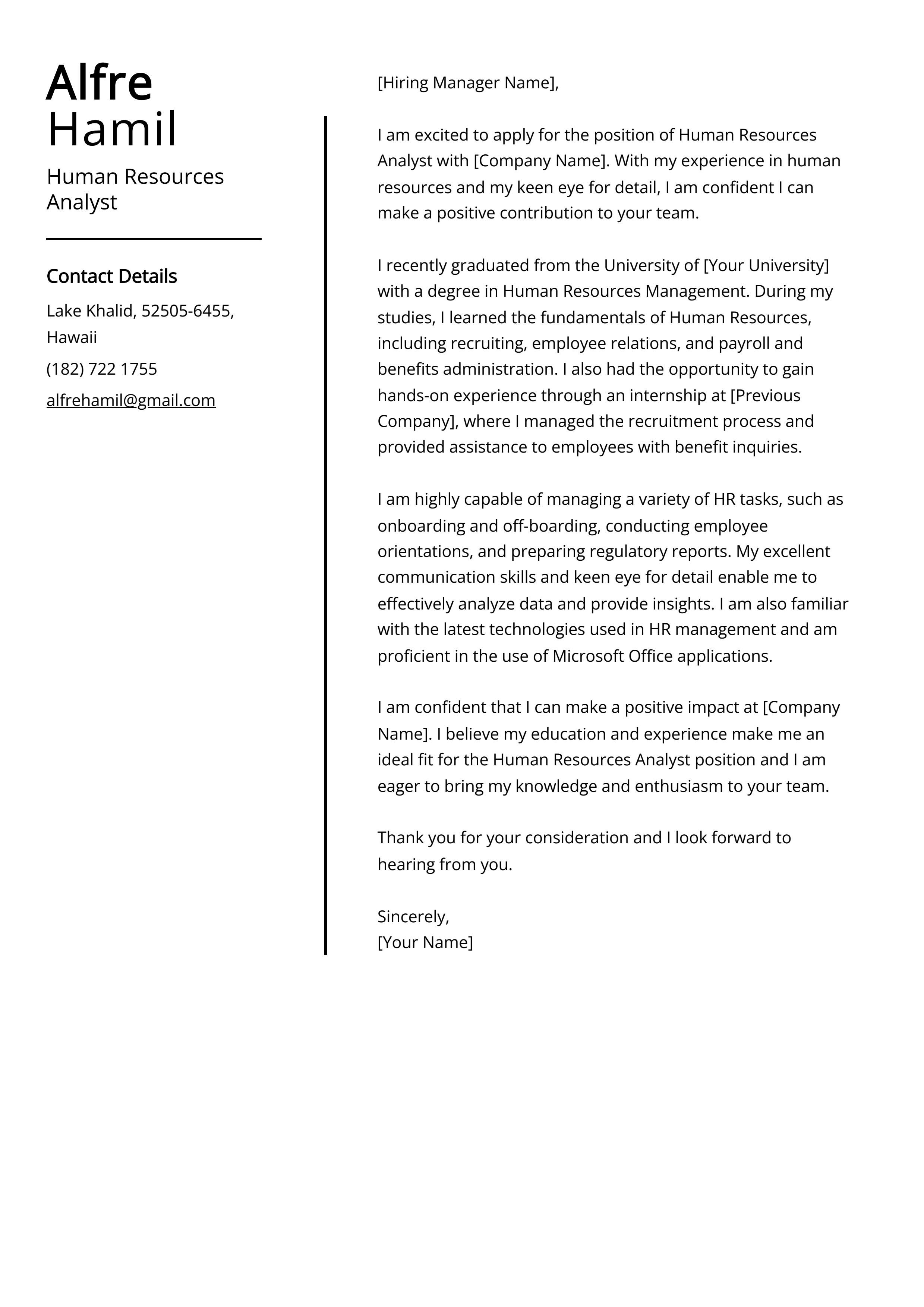 Human Resources Analyst Cover Letter Example