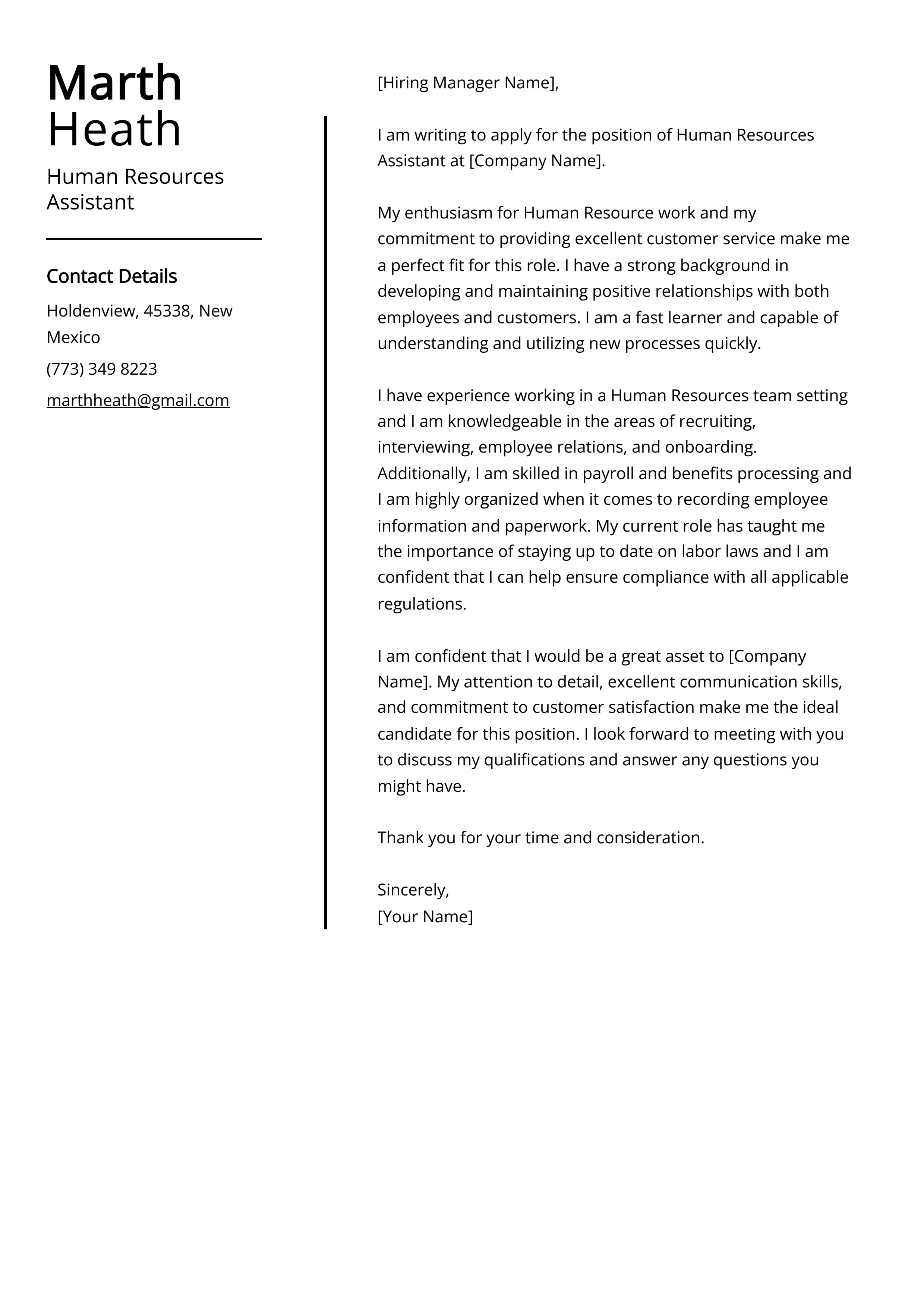 Human Resources Assistant Cover Letter Example