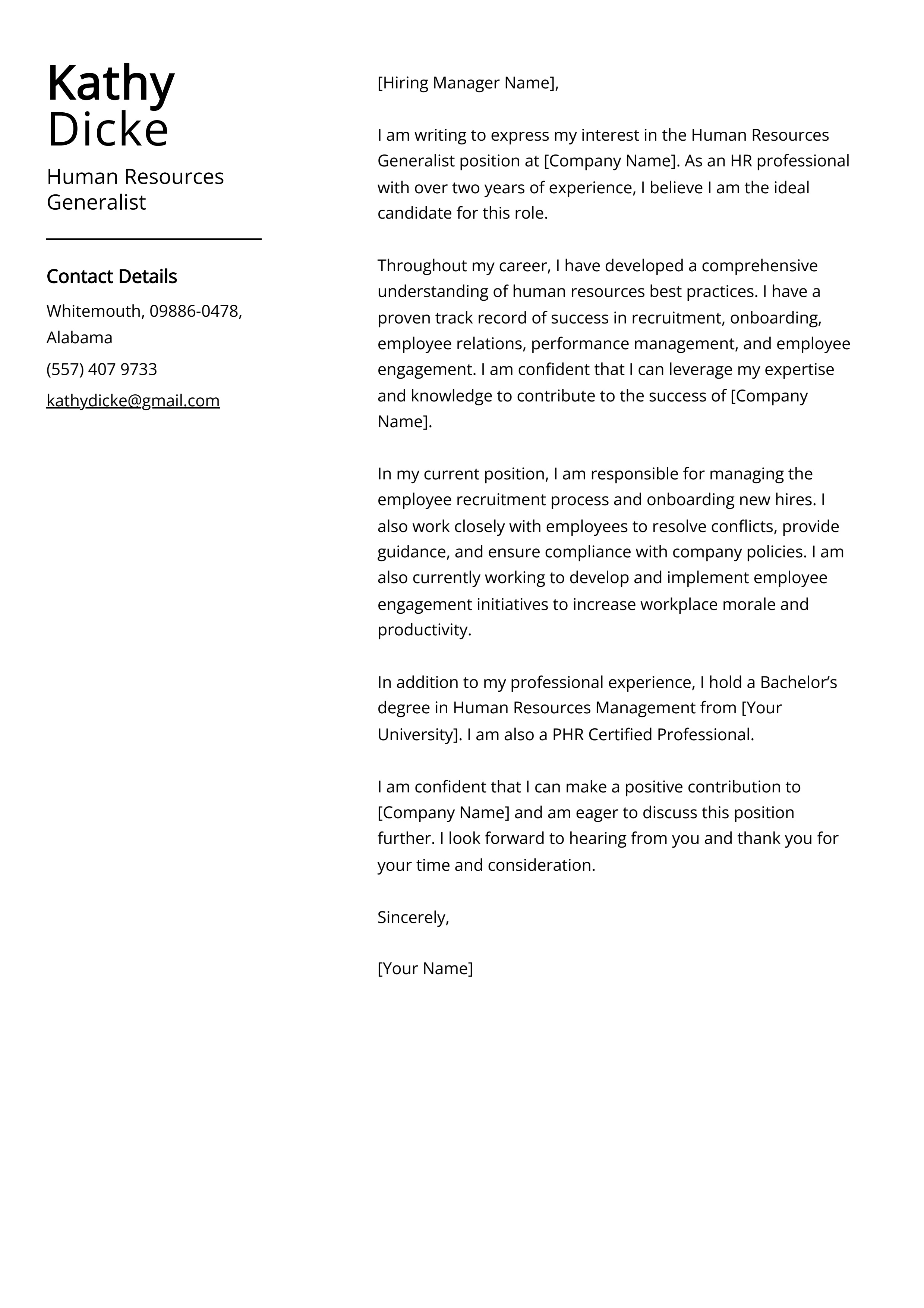 Human Resources Generalist Cover Letter Example