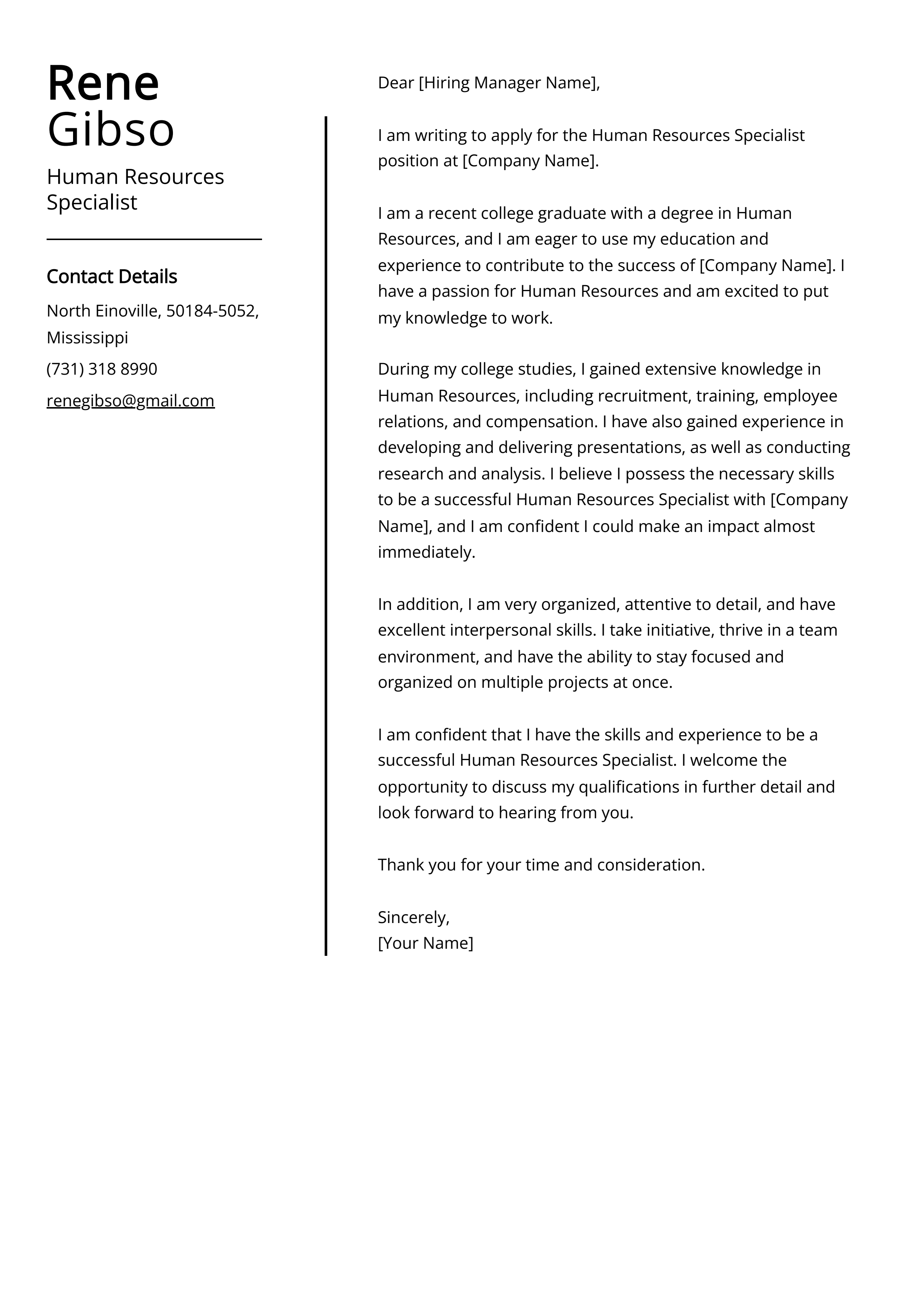 Human Resources Specialist Cover Letter Example