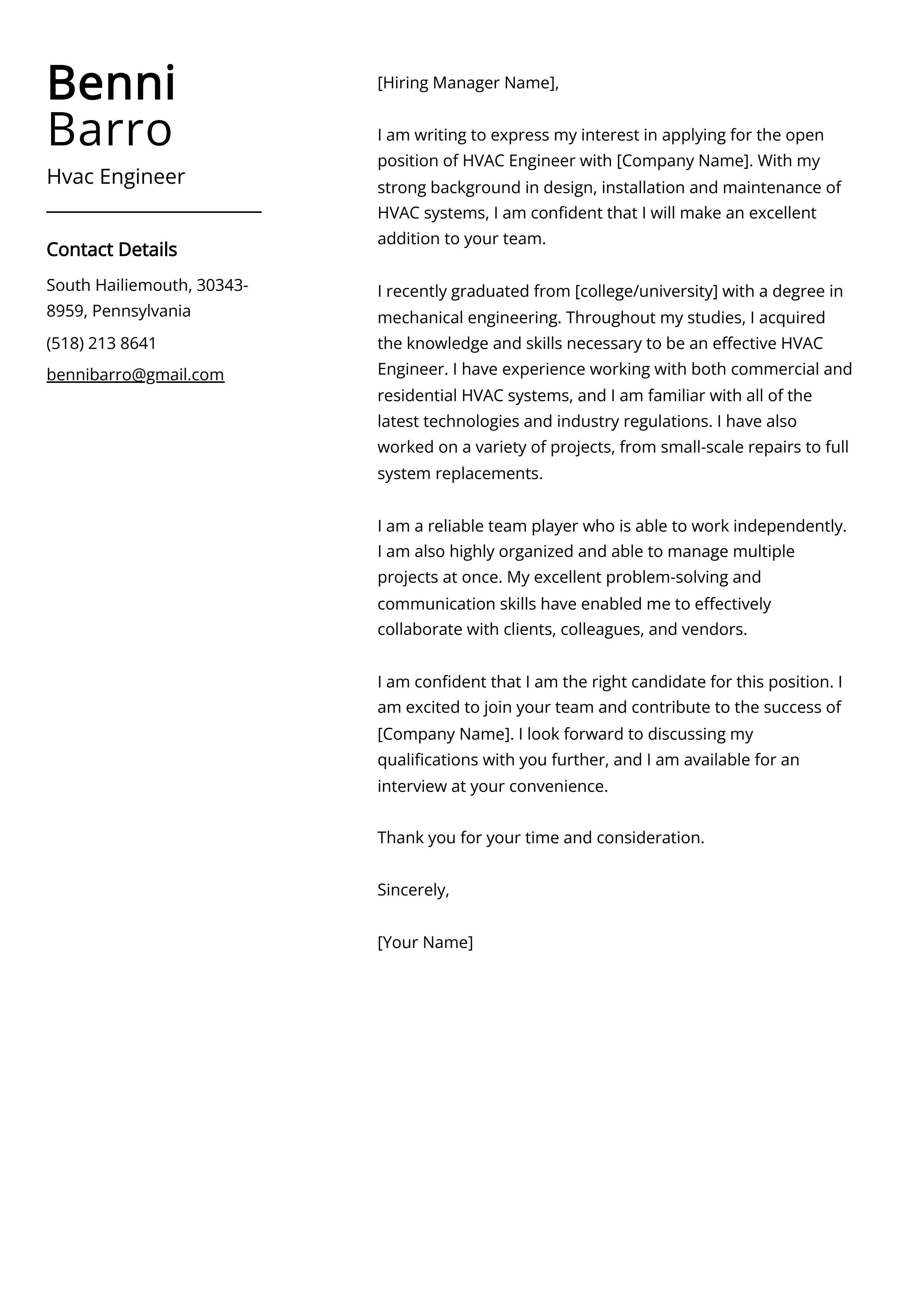 Hvac Engineer Cover Letter Example