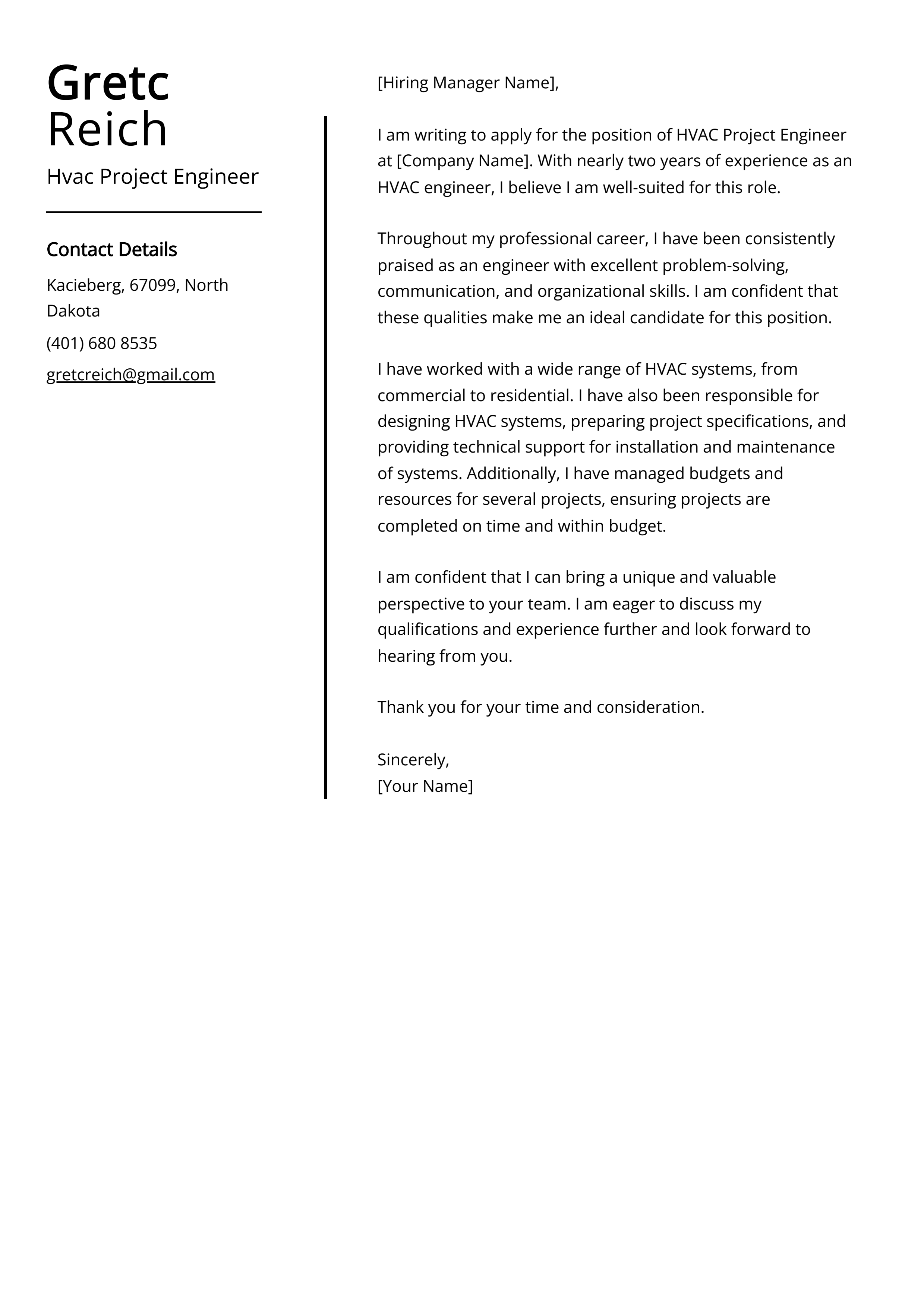 Hvac Project Engineer Cover Letter Example
