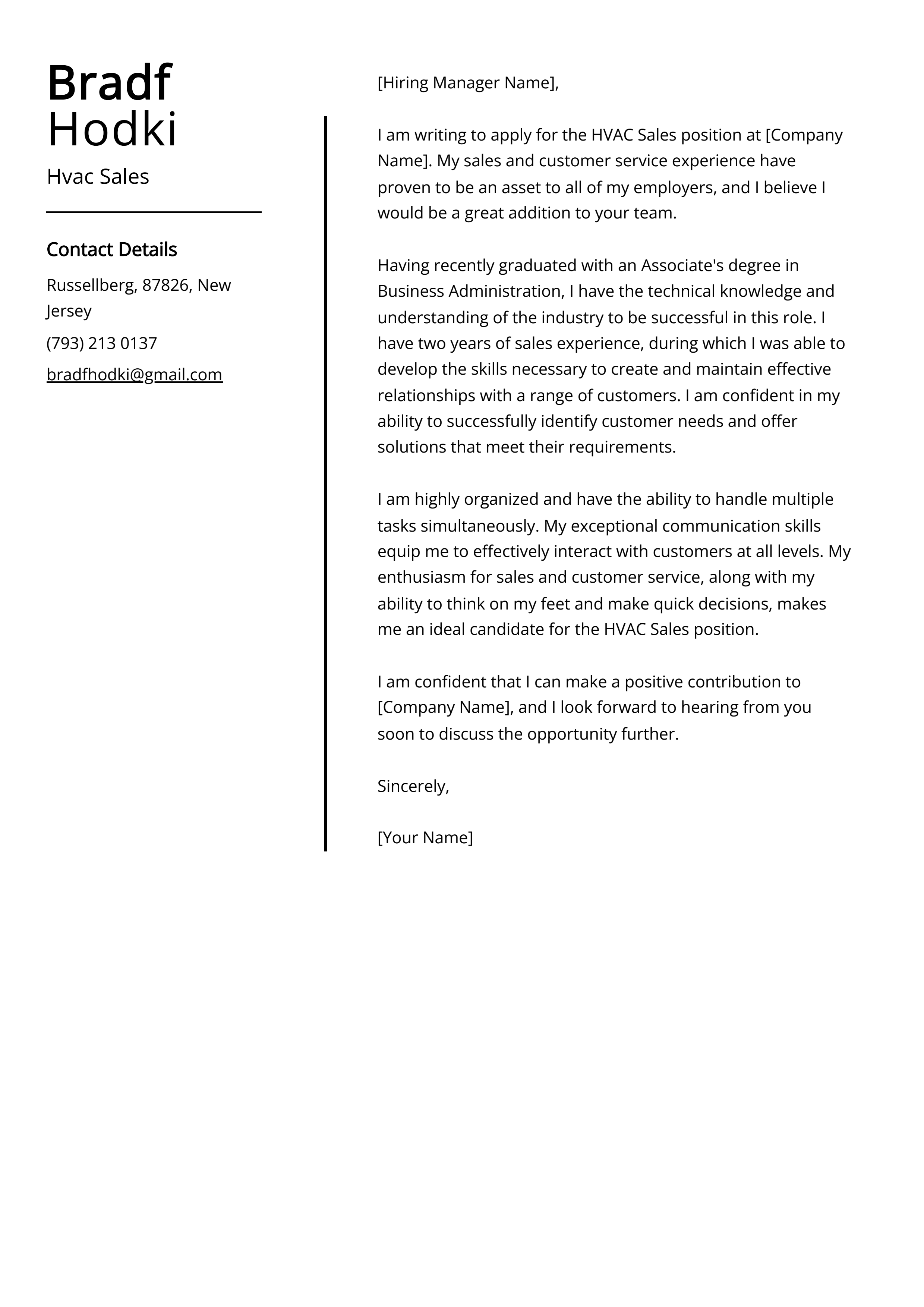 Hvac Sales Cover Letter Example