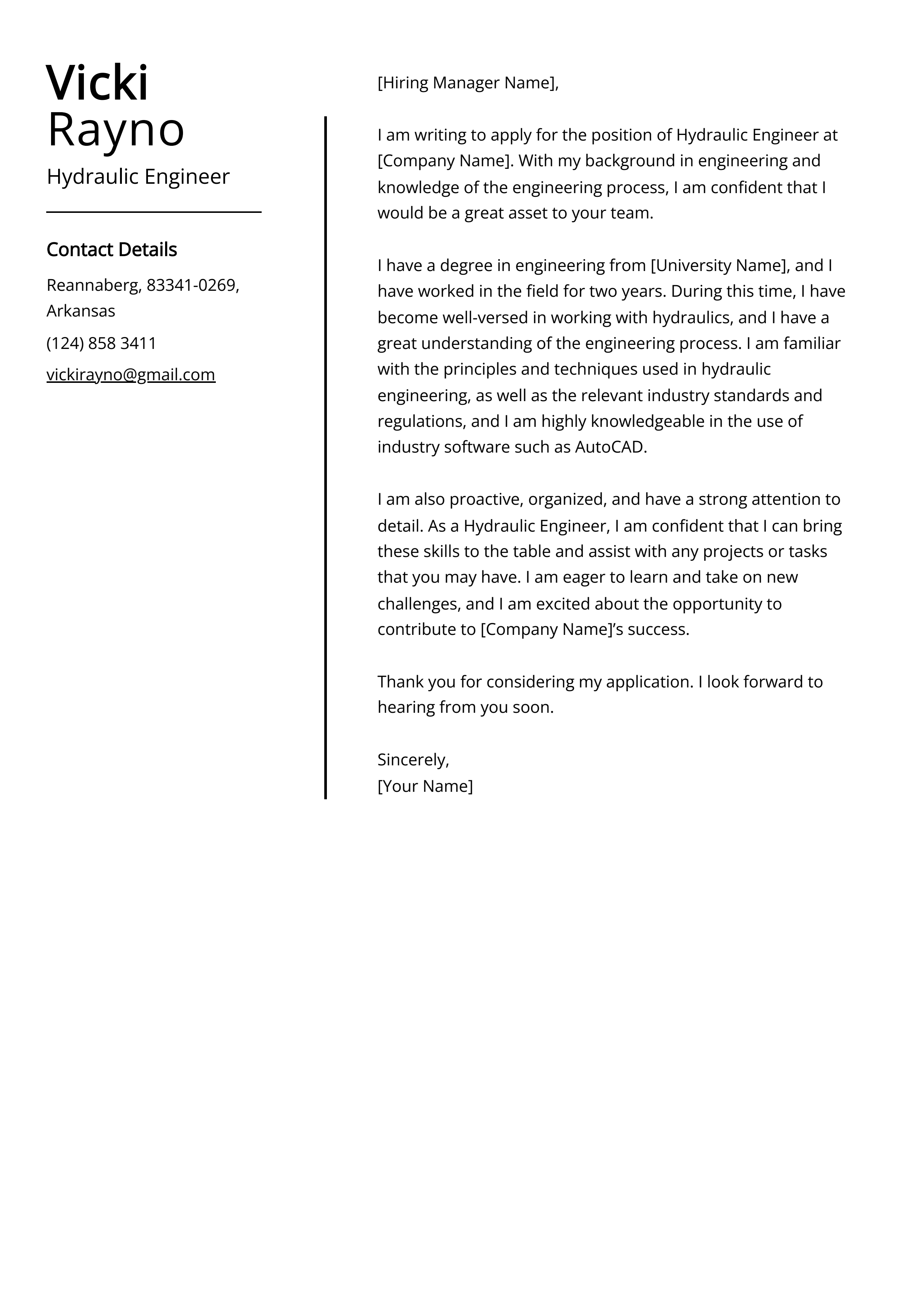 Hydraulic Engineer Cover Letter Example