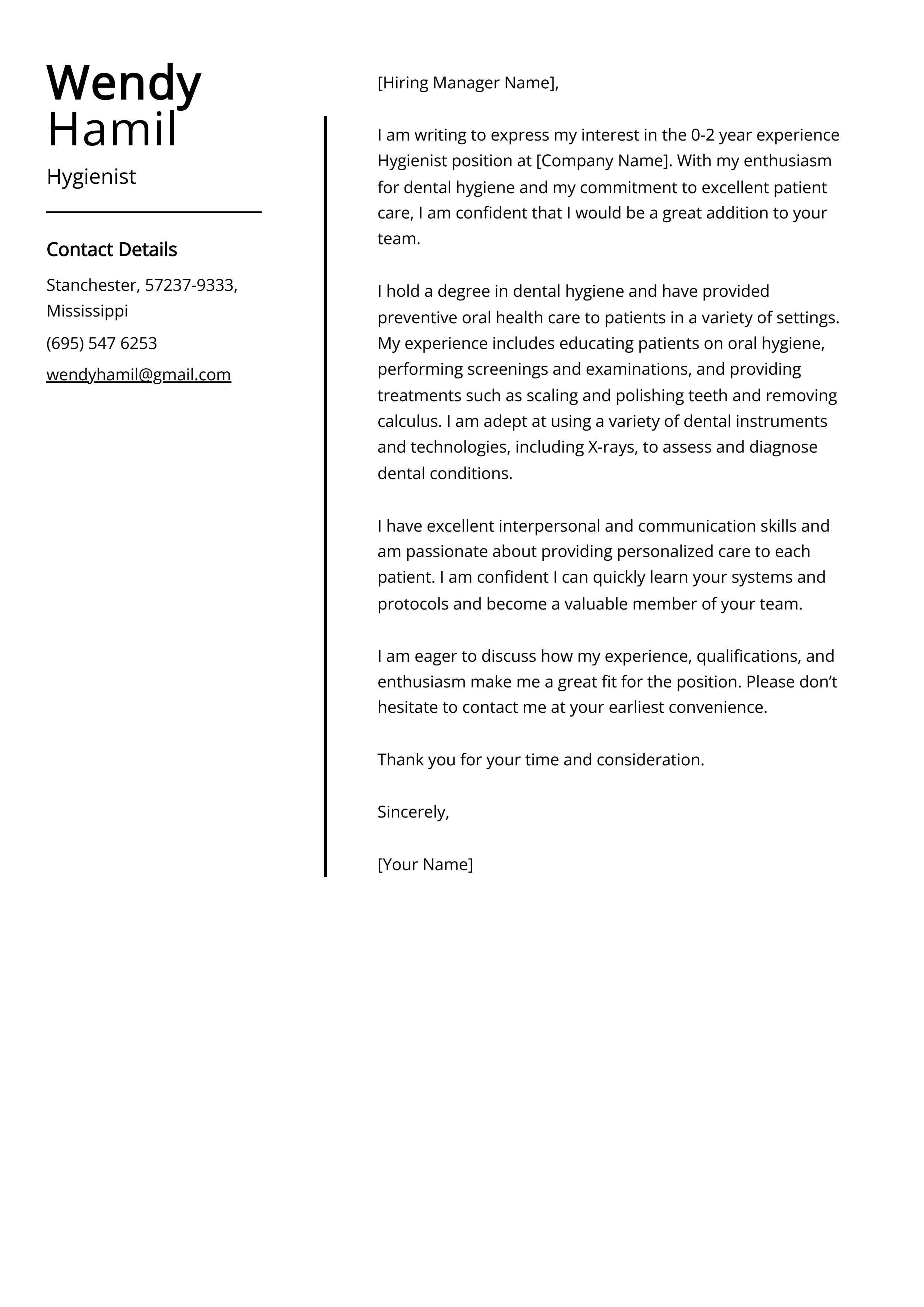 Hygienist Cover Letter Example