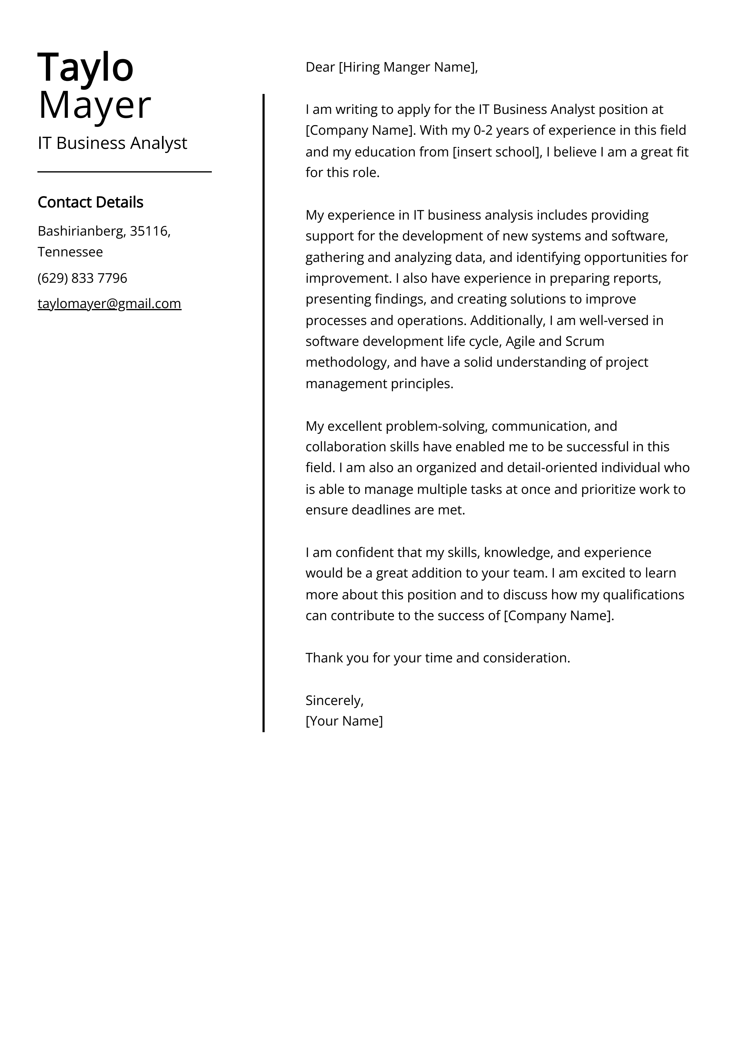IT Business Analyst Cover Letter Example
