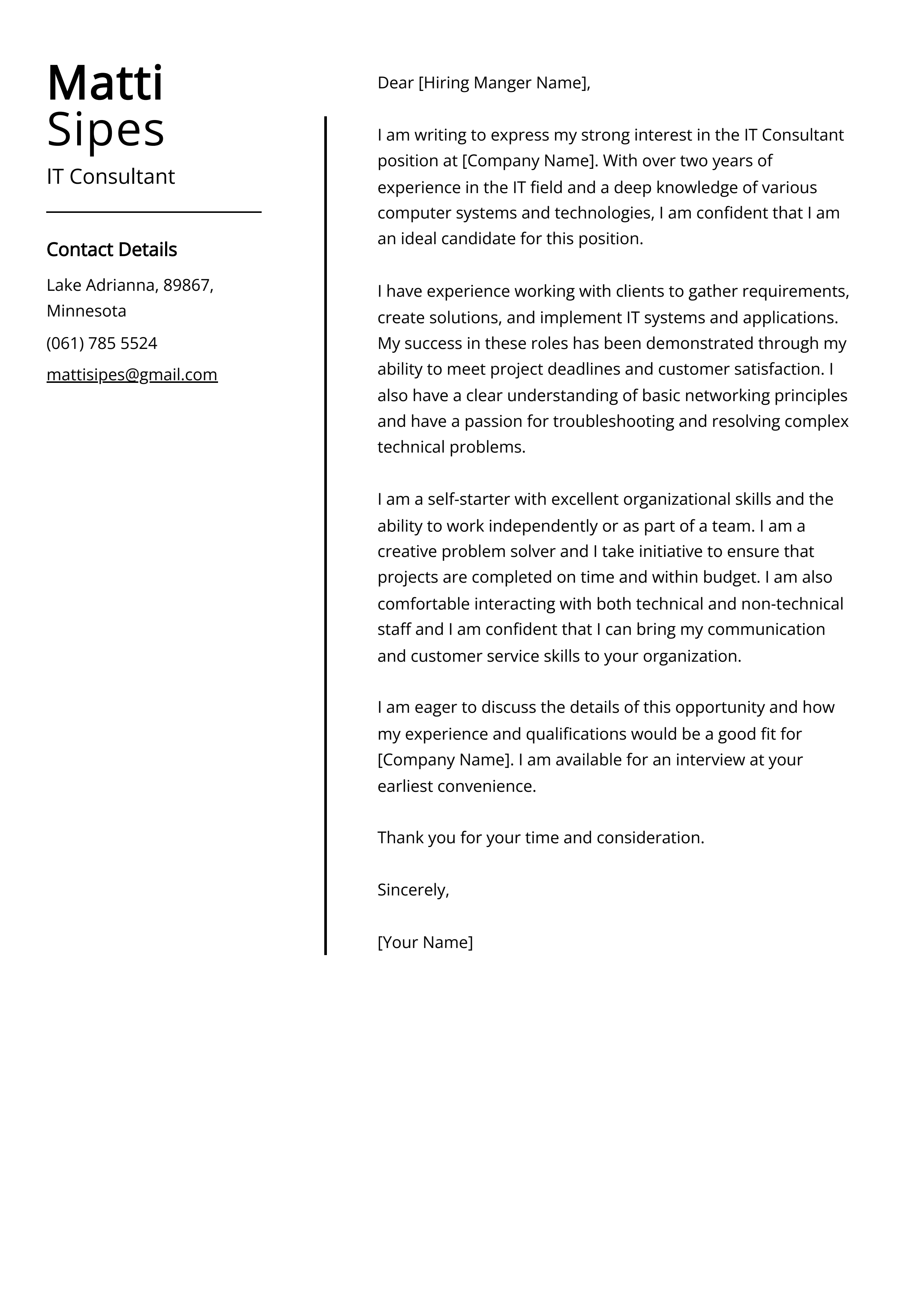 IT Consultant Cover Letter Example