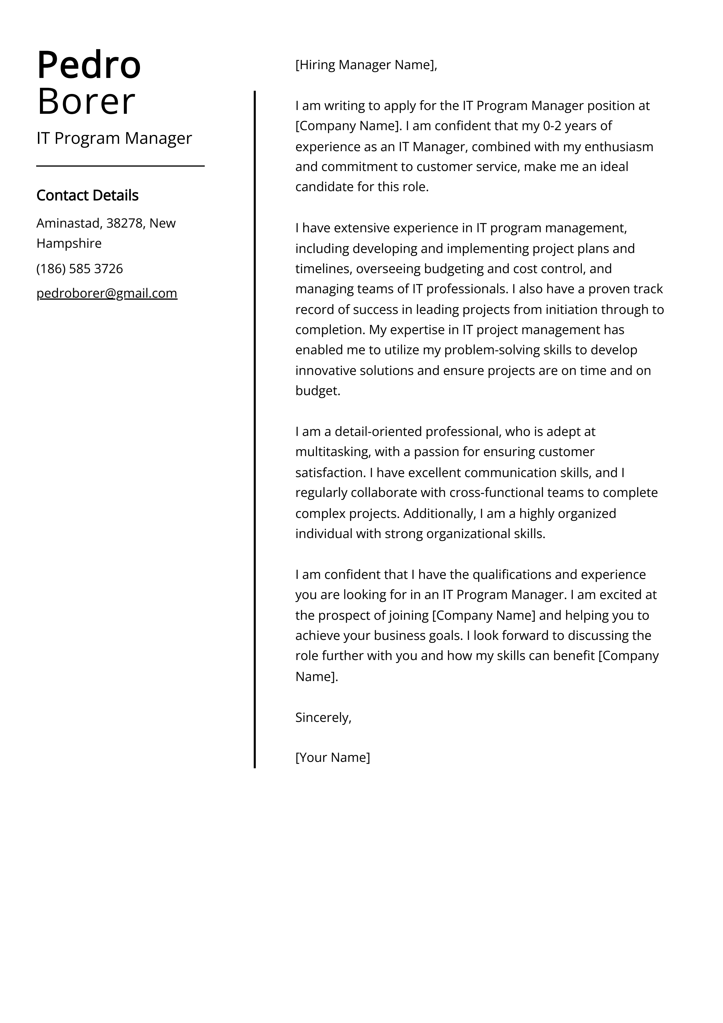 IT Program Manager Cover Letter Example