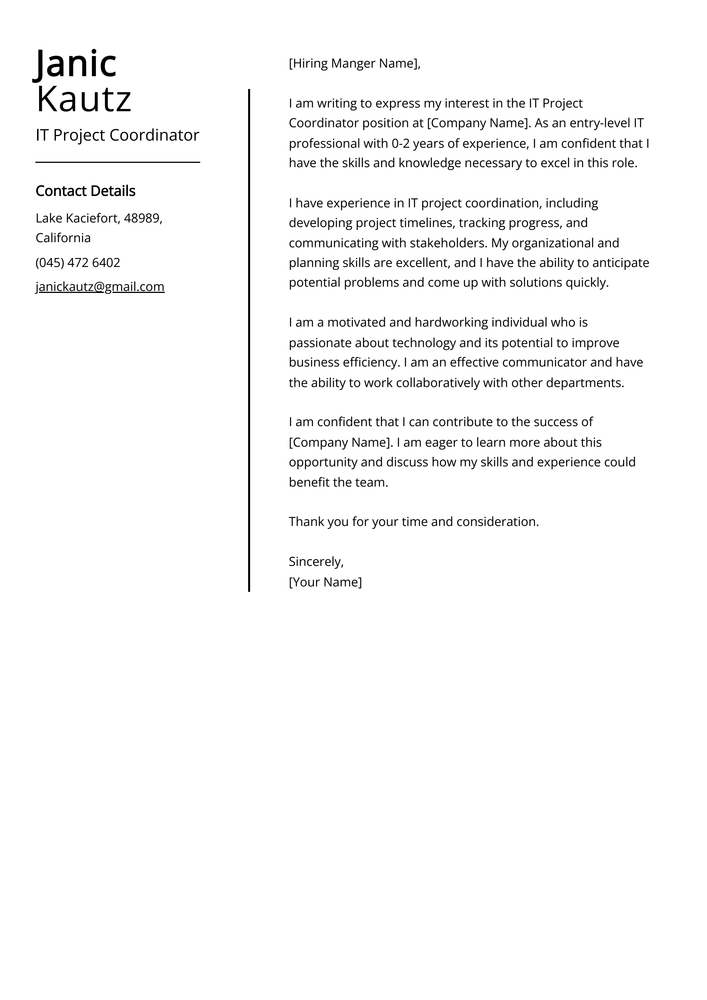 IT Project Coordinator Cover Letter Example