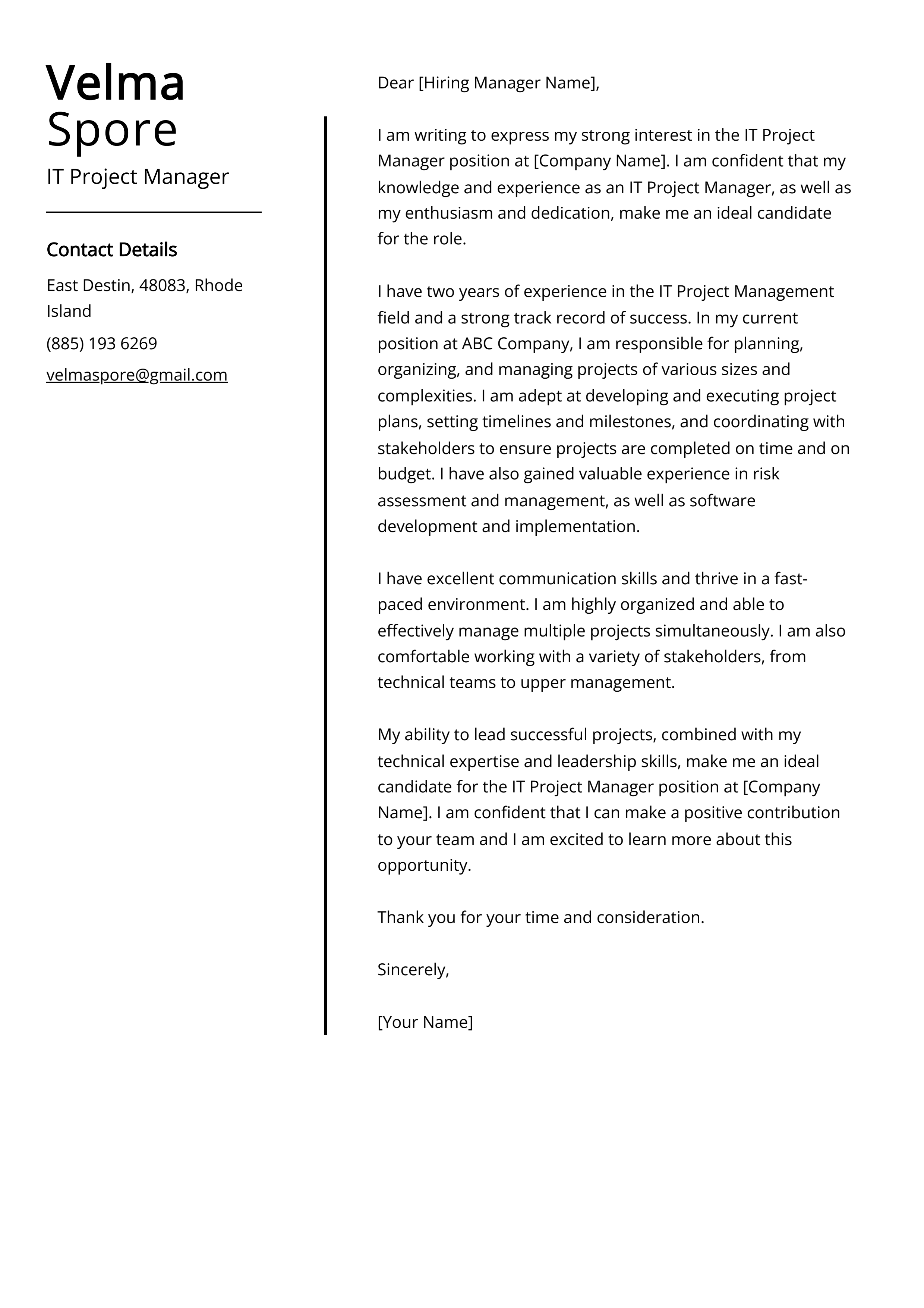 IT Project Manager Cover Letter Example