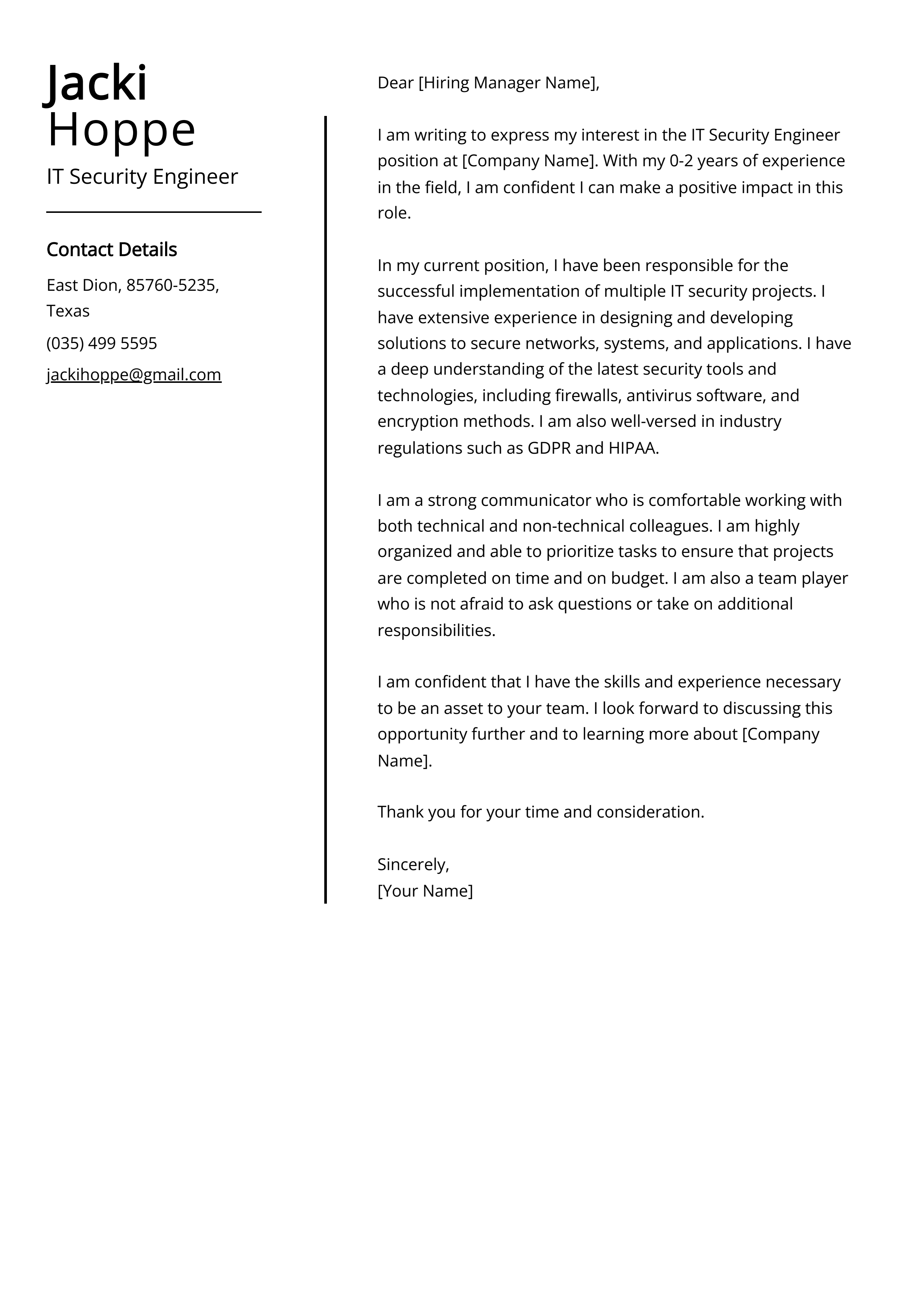 IT Security Engineer Cover Letter Example